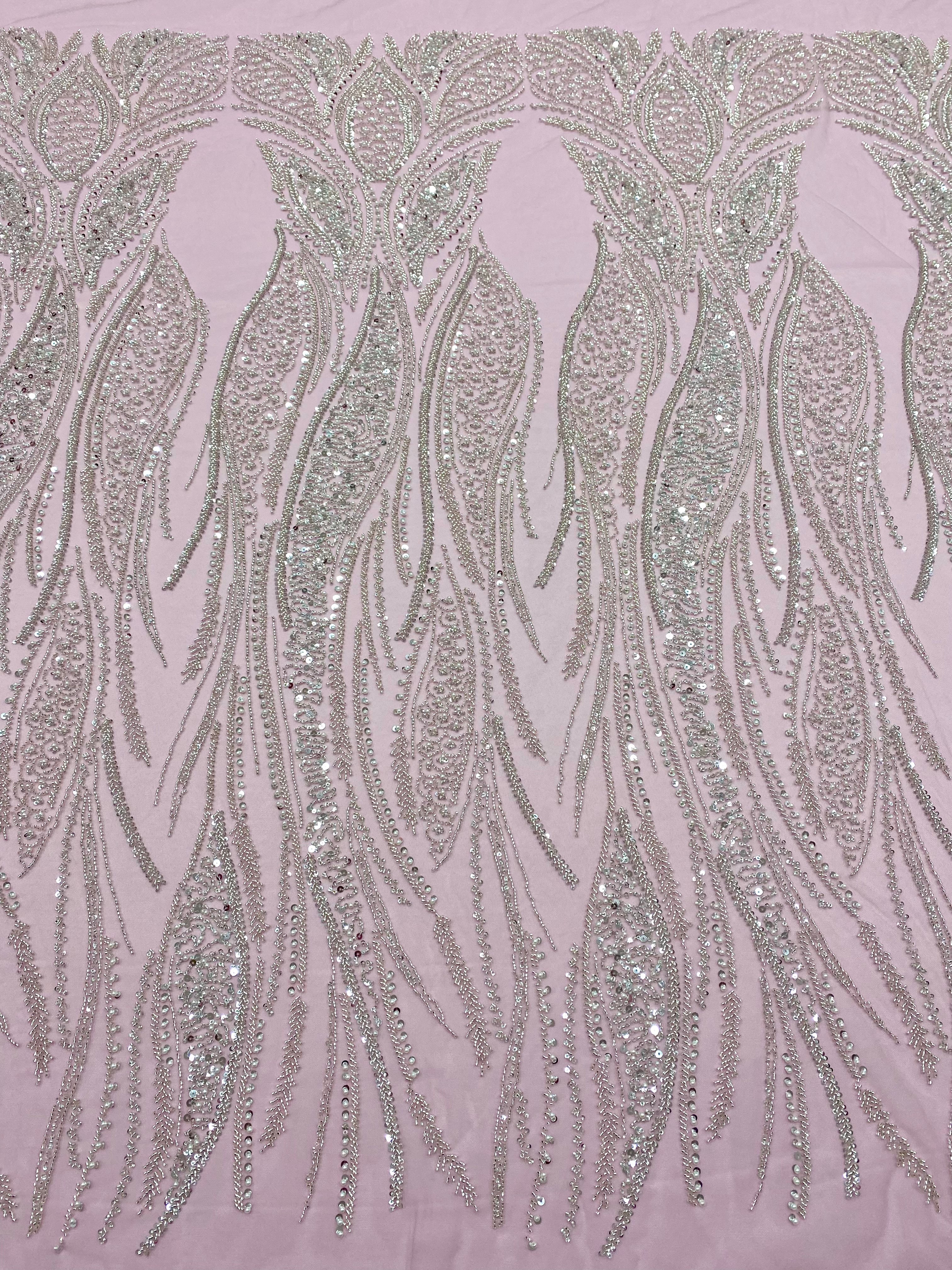 Silver Lace with Linear Pattern, with Pearls and Sequins