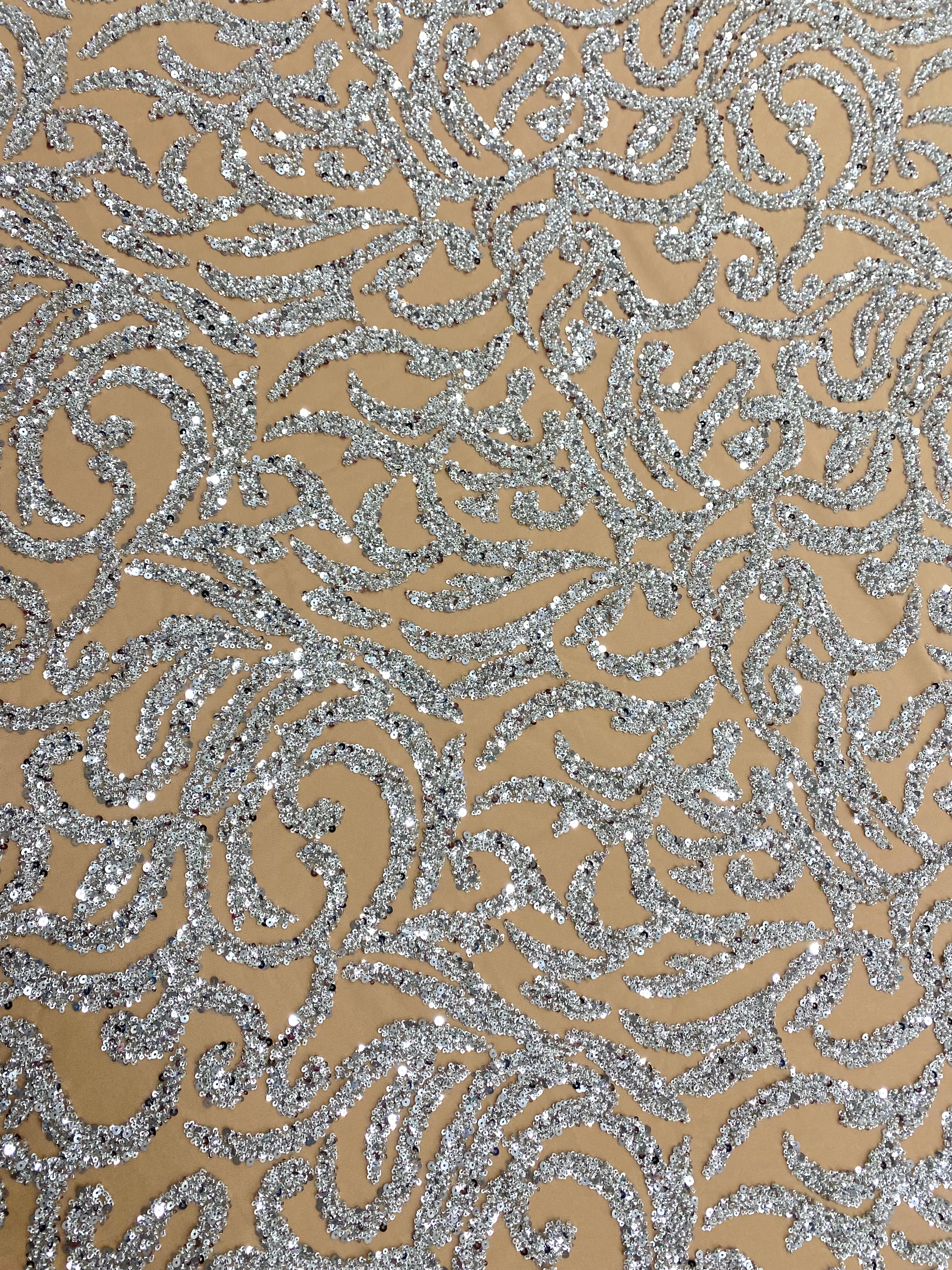 Silver Couture Lace on Nude Tulle with Beads and Sequins 