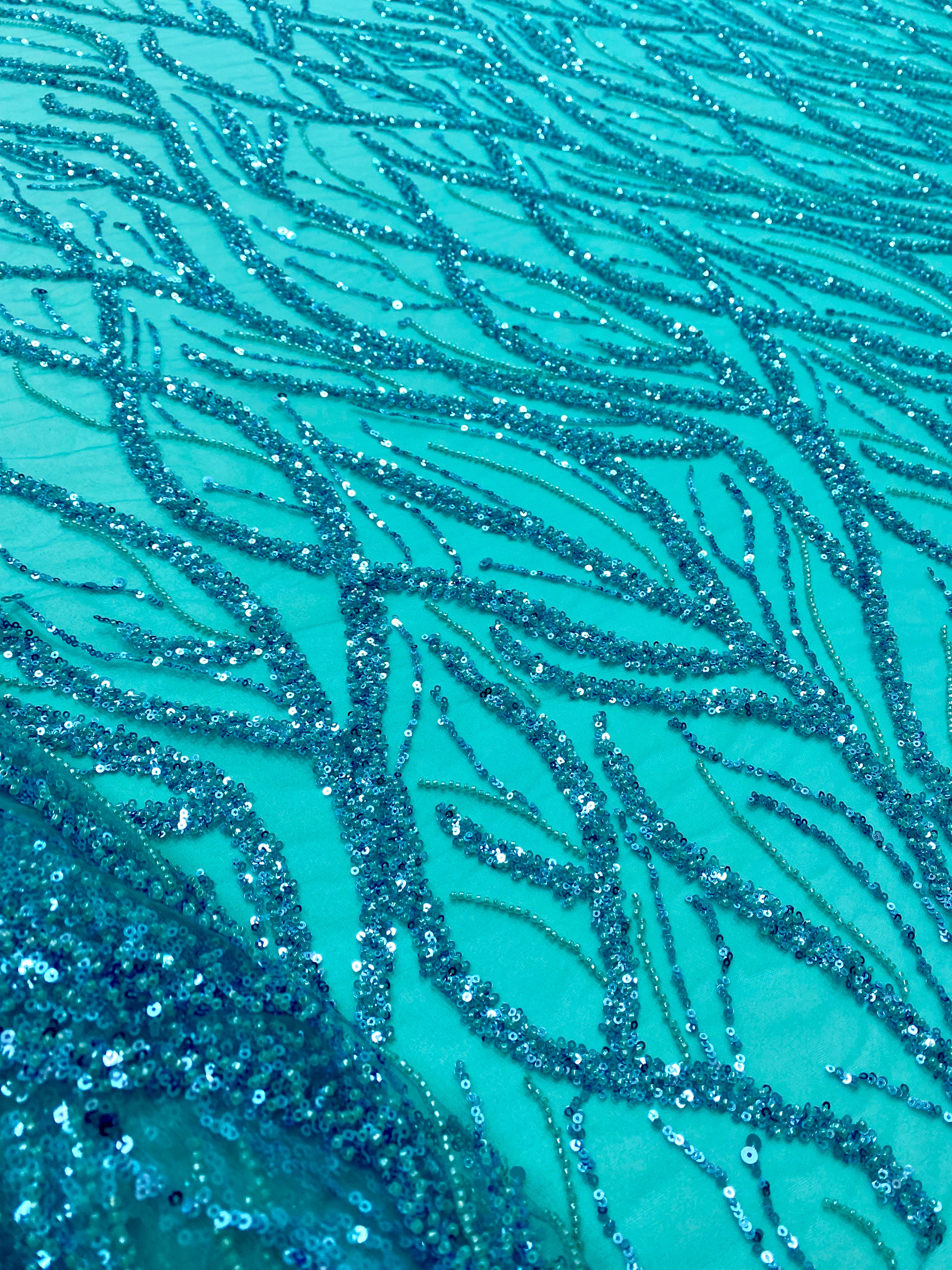 Dantela Couture Turcoaz cu Siraguri, cu Margele Si Paiete