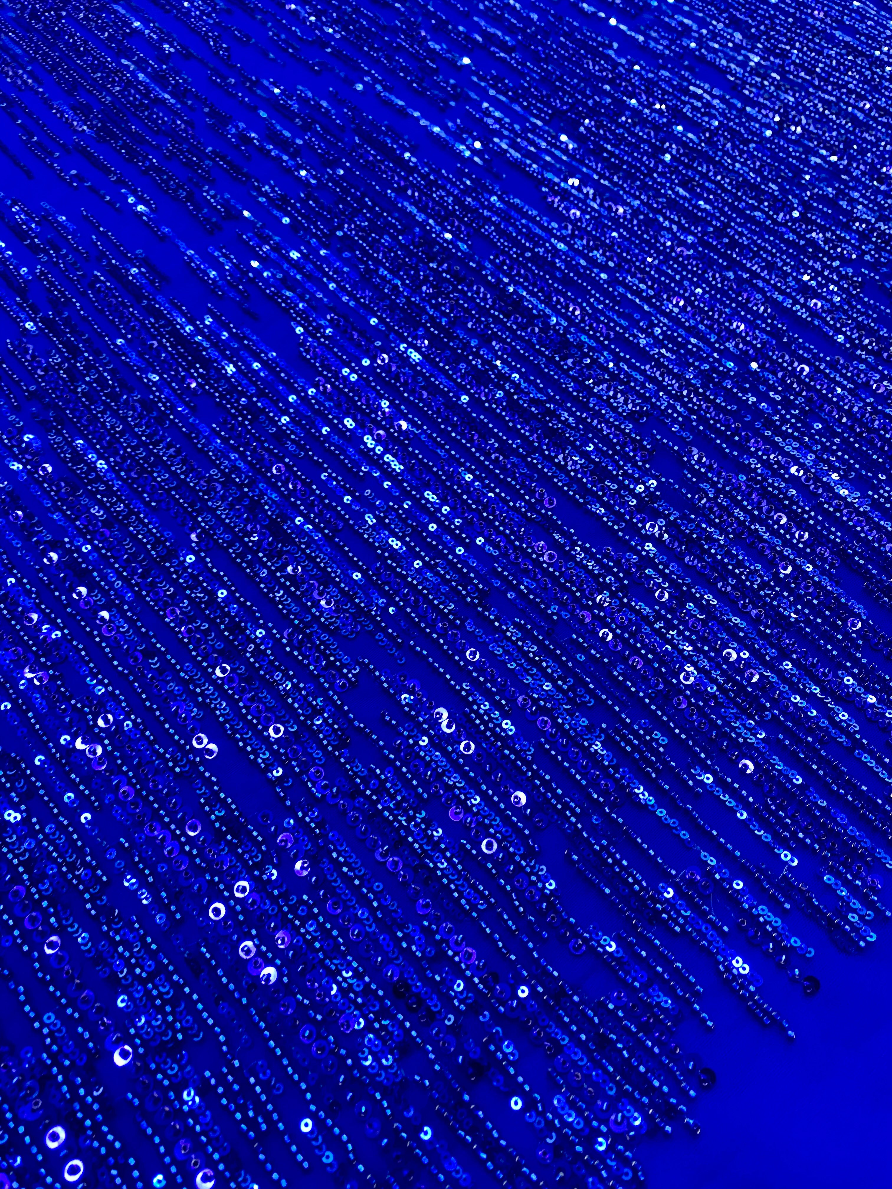 Royal Blue Couture Lace with Linear Pattern, Beads and Sequins