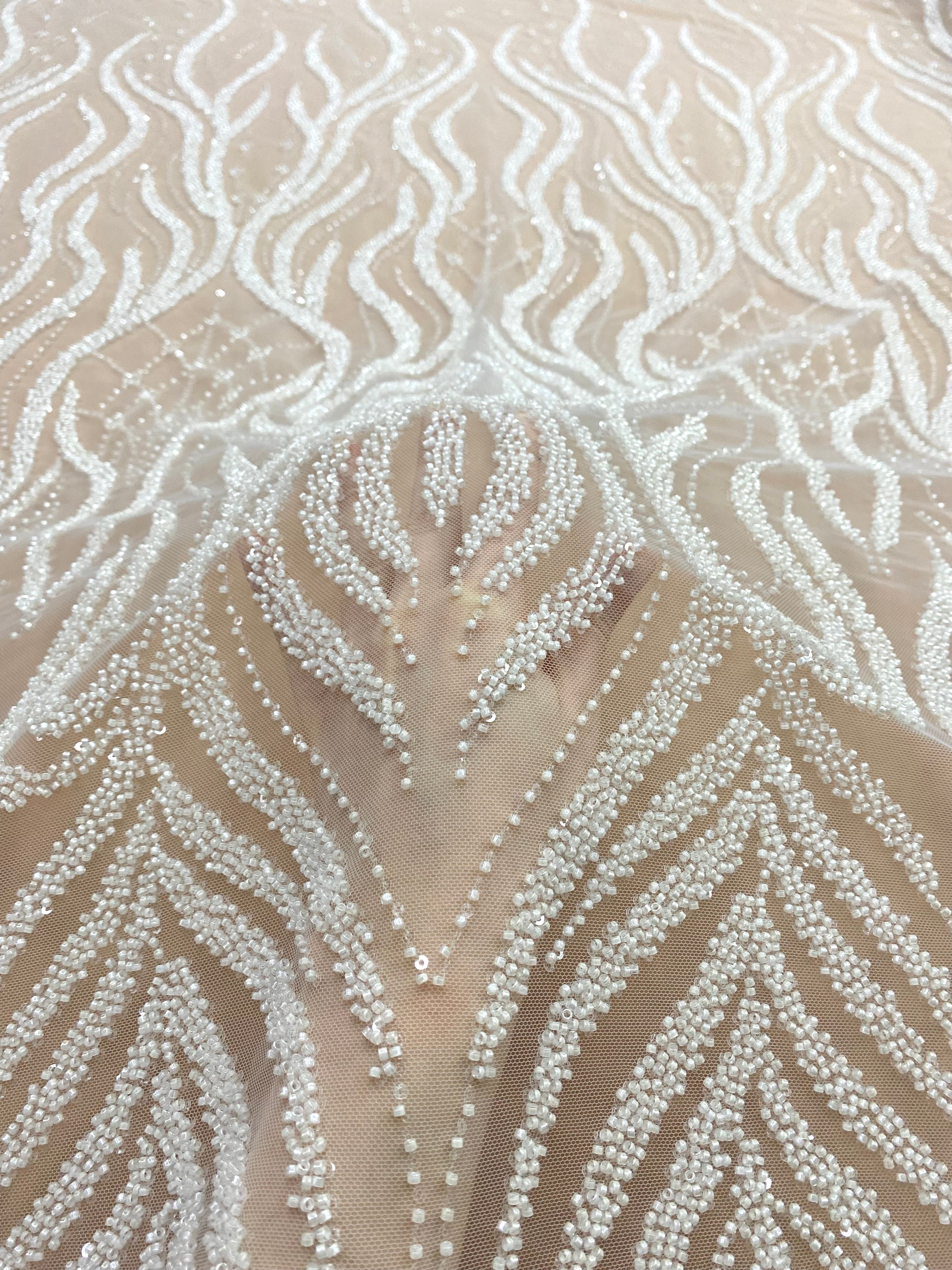 Ivory Couture Lace with Geometric Pattern, Beads and Sequins