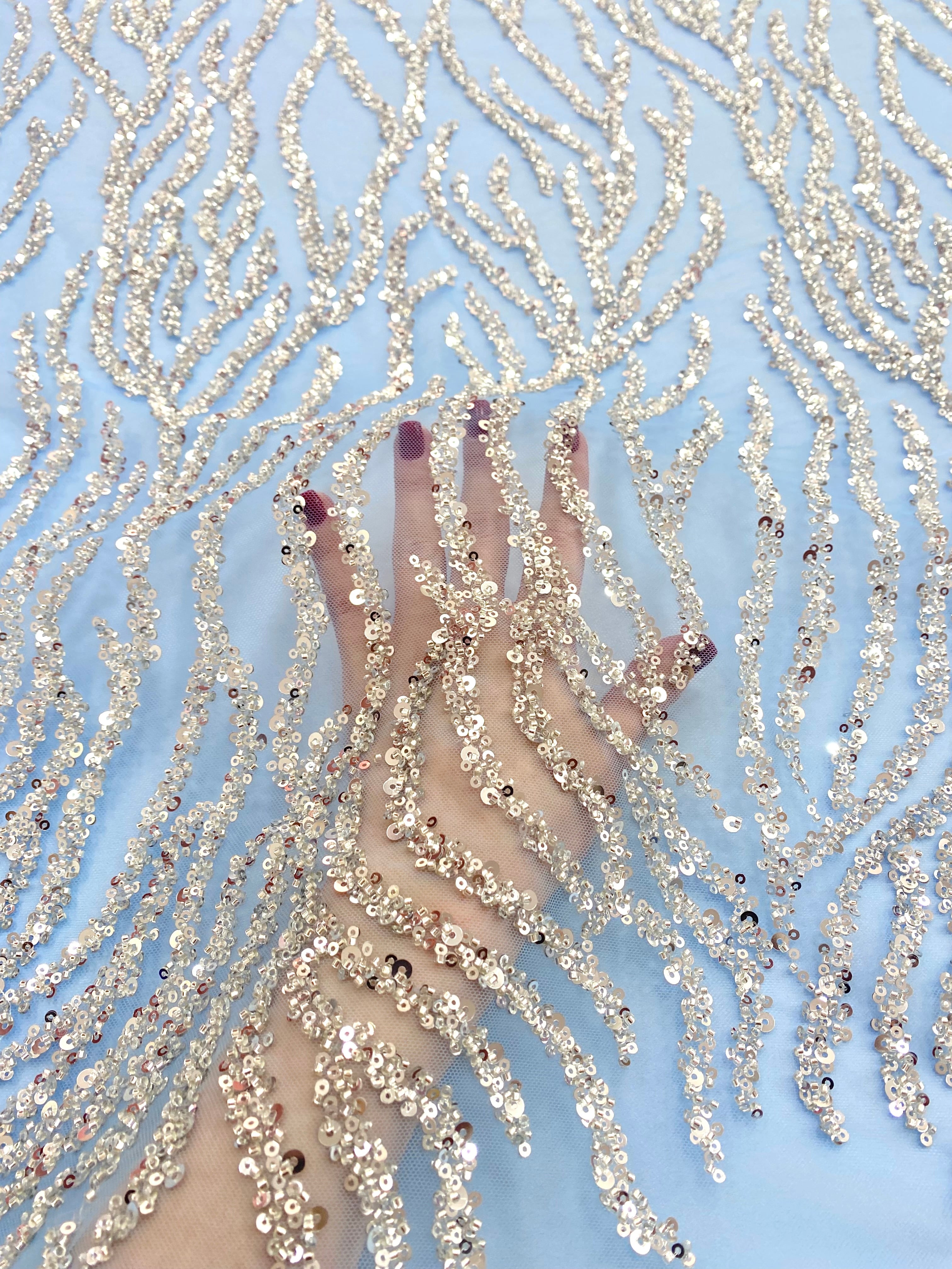 Silver Couture Lace on Blue Tulle, with Symmetrical Pattern, with Beads and Sequins 