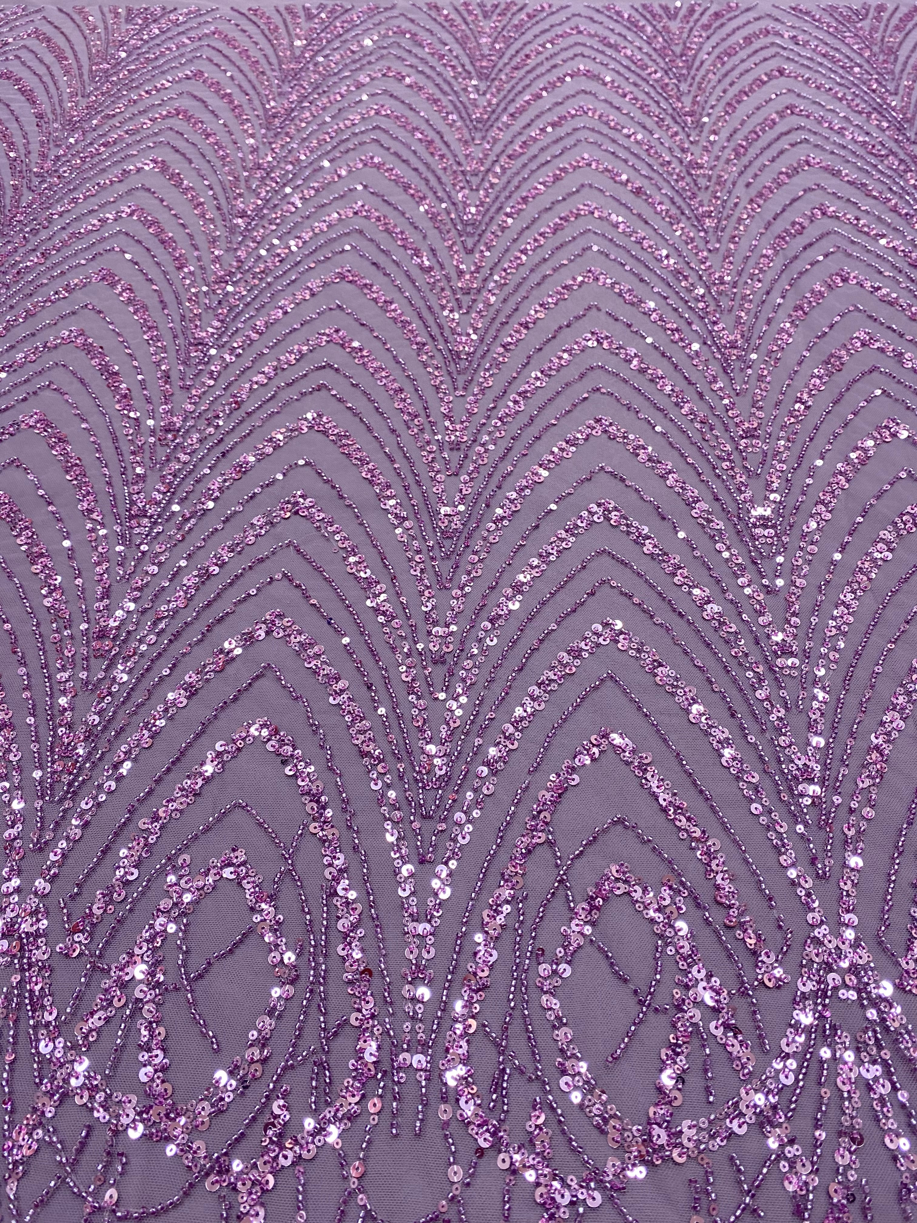 Dantela Couture Lavanda Pudrata cu Model Geometric cu Margele si Paiete