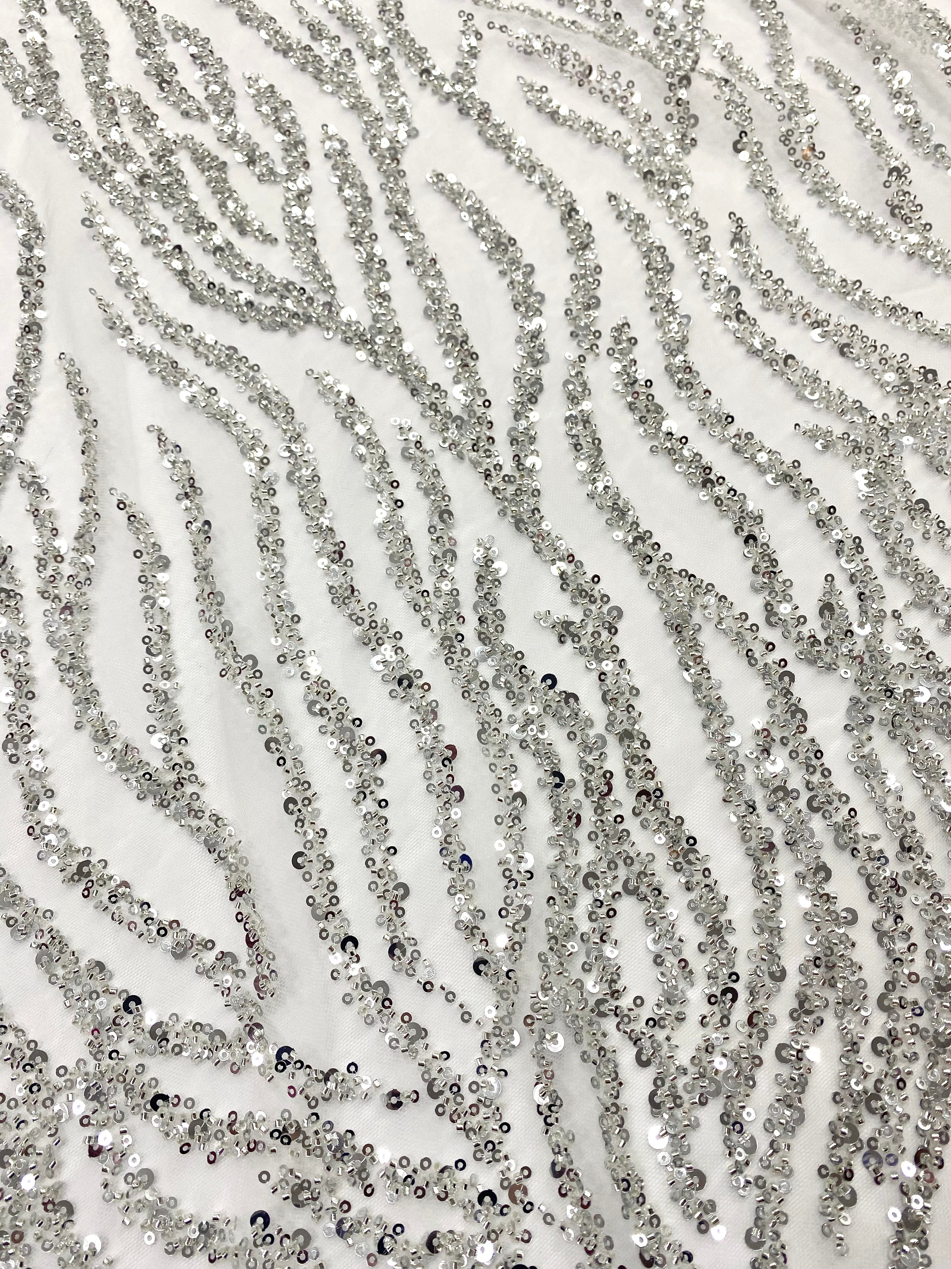 Silver Couture Lace on Ivory Tulle with Strings, Beads and Sequins