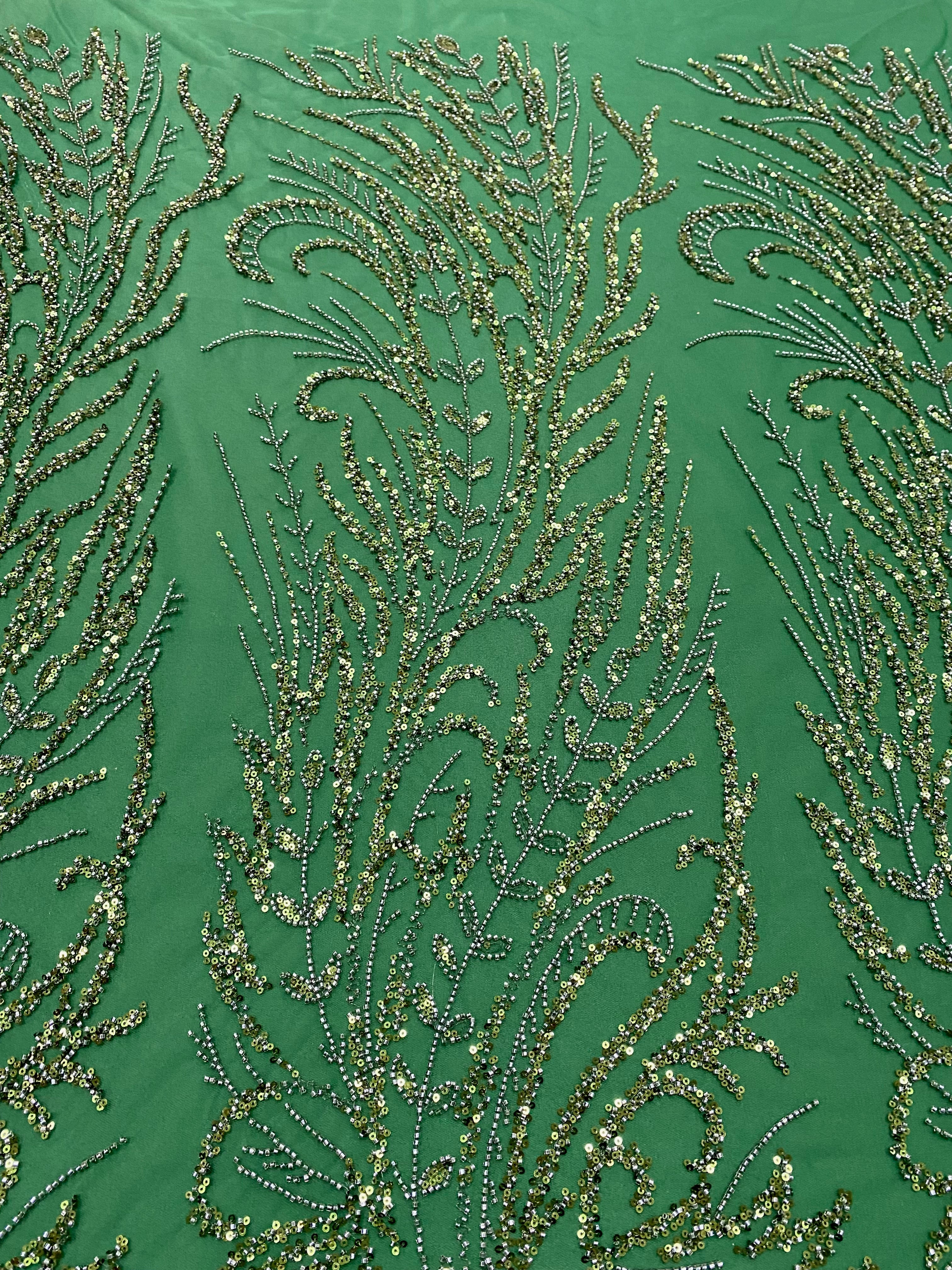 Dantela Couture Verde Smarald cu Model Floral, cu Margele si Paiete