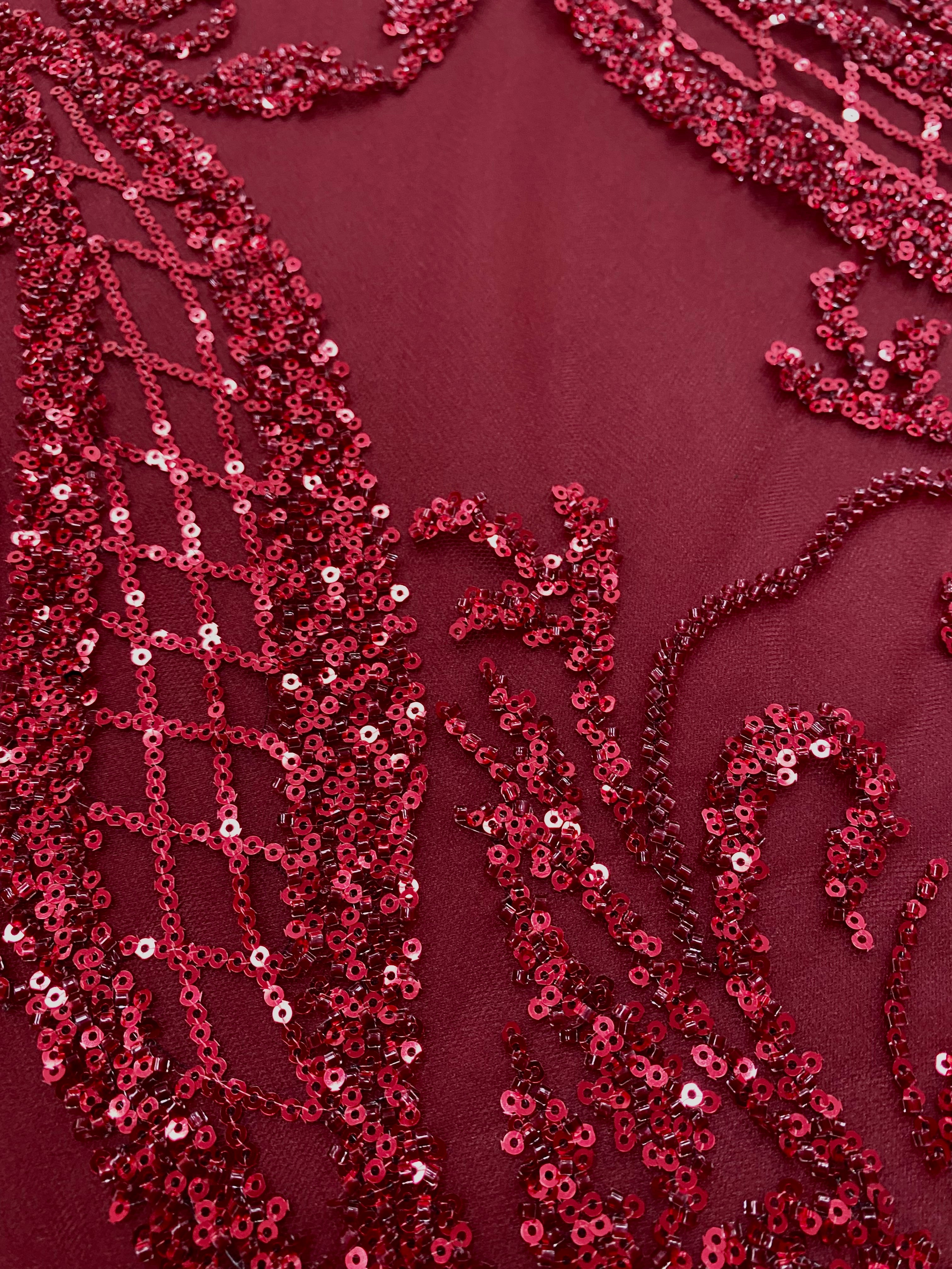 Lavender Couture Lace with Symmetrical Pattern, with Beads and Sequins 