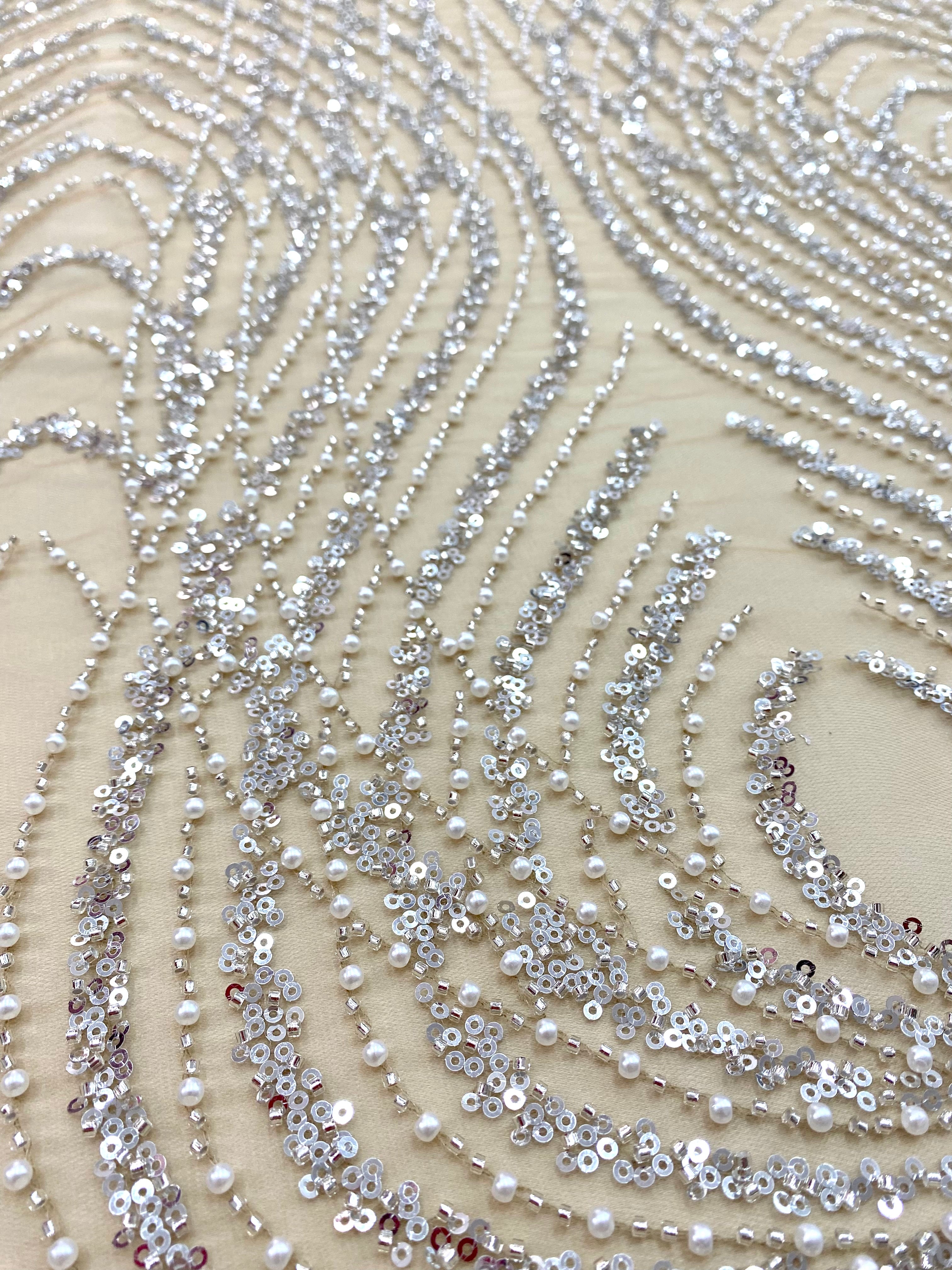 Silver Couture Lace on Nude Tulle with Panel, with Pearls, Beads and Sequins