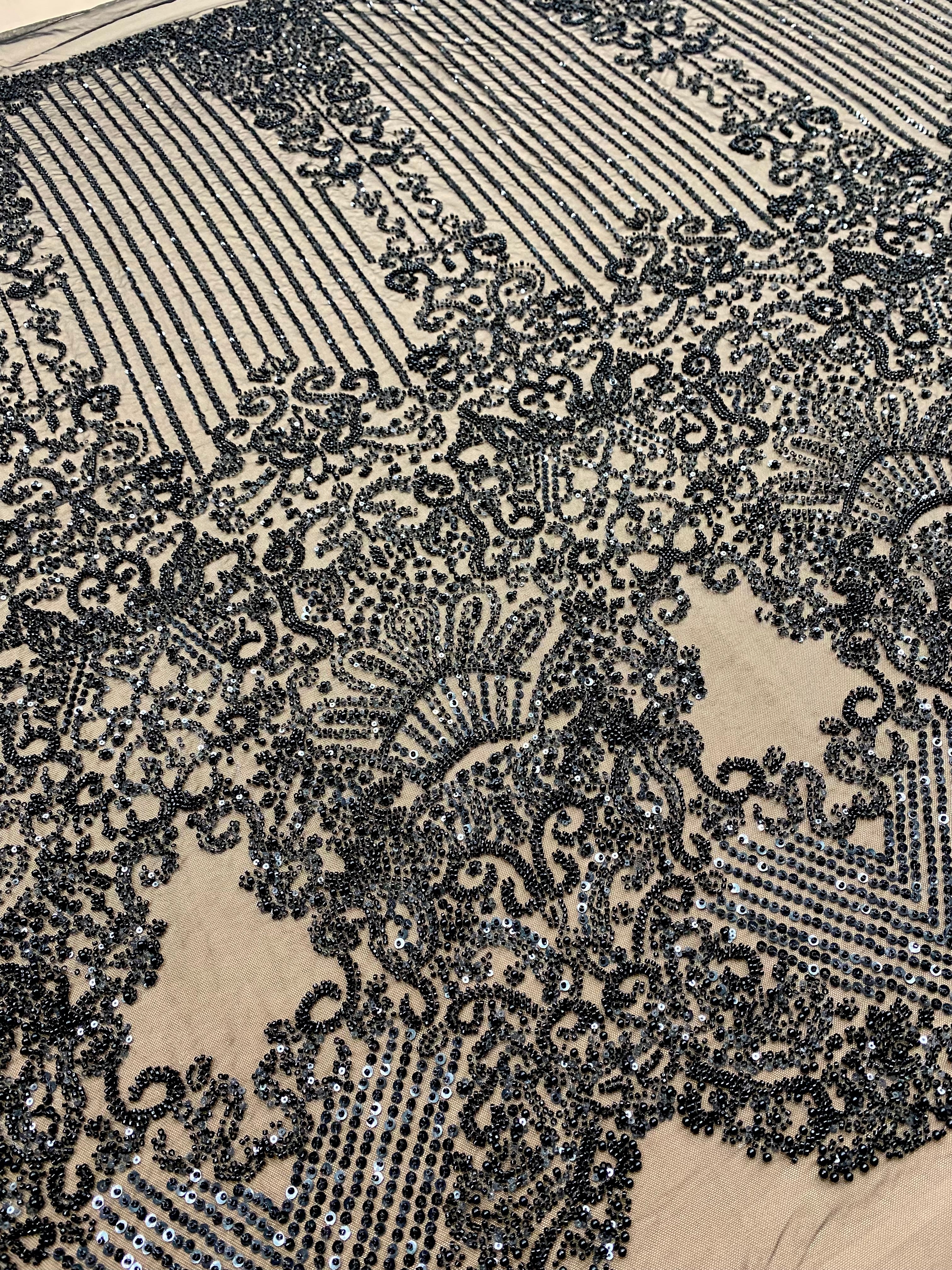 Cupon 1.30 m din Dantela Couture Neagra cu Model Geometric, cu Perle, Margele si Paiete