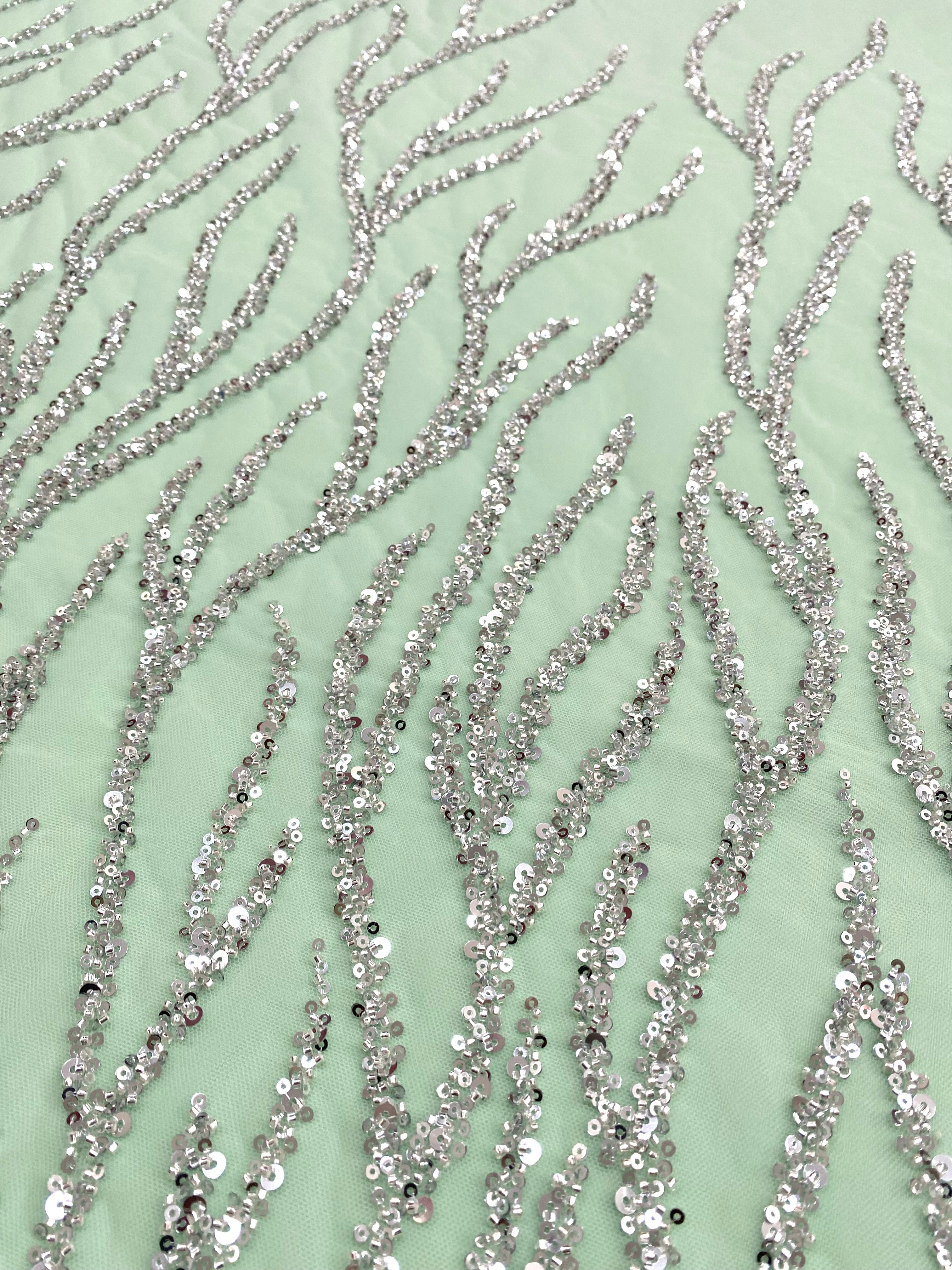 Silver Couture Lace on Mint Green Tulle with Strings, Beads and Sequins
