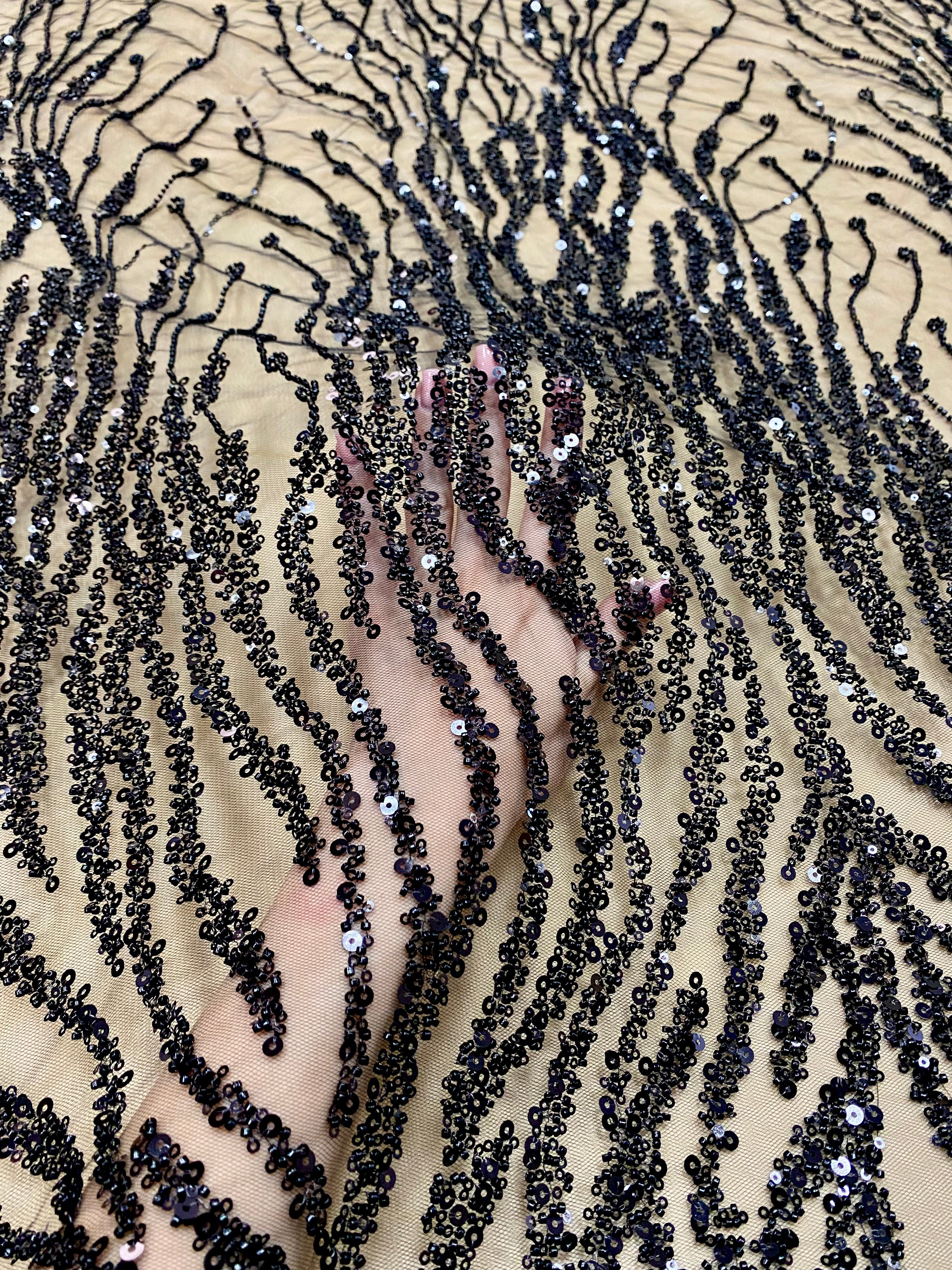 Black Couture Lace with Strings, Beads and Sequins