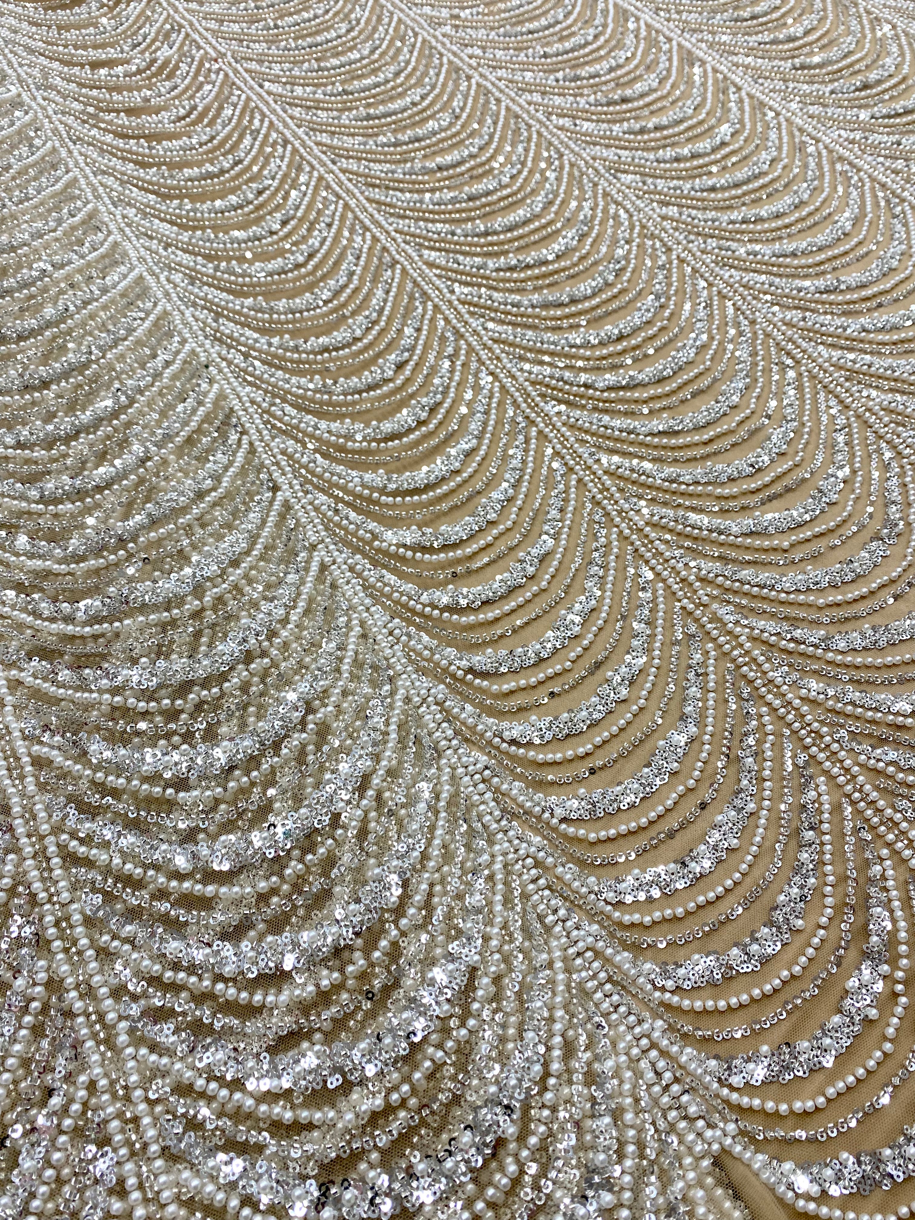 Silver Lace with Linear Pattern, with Pearls and Sequins