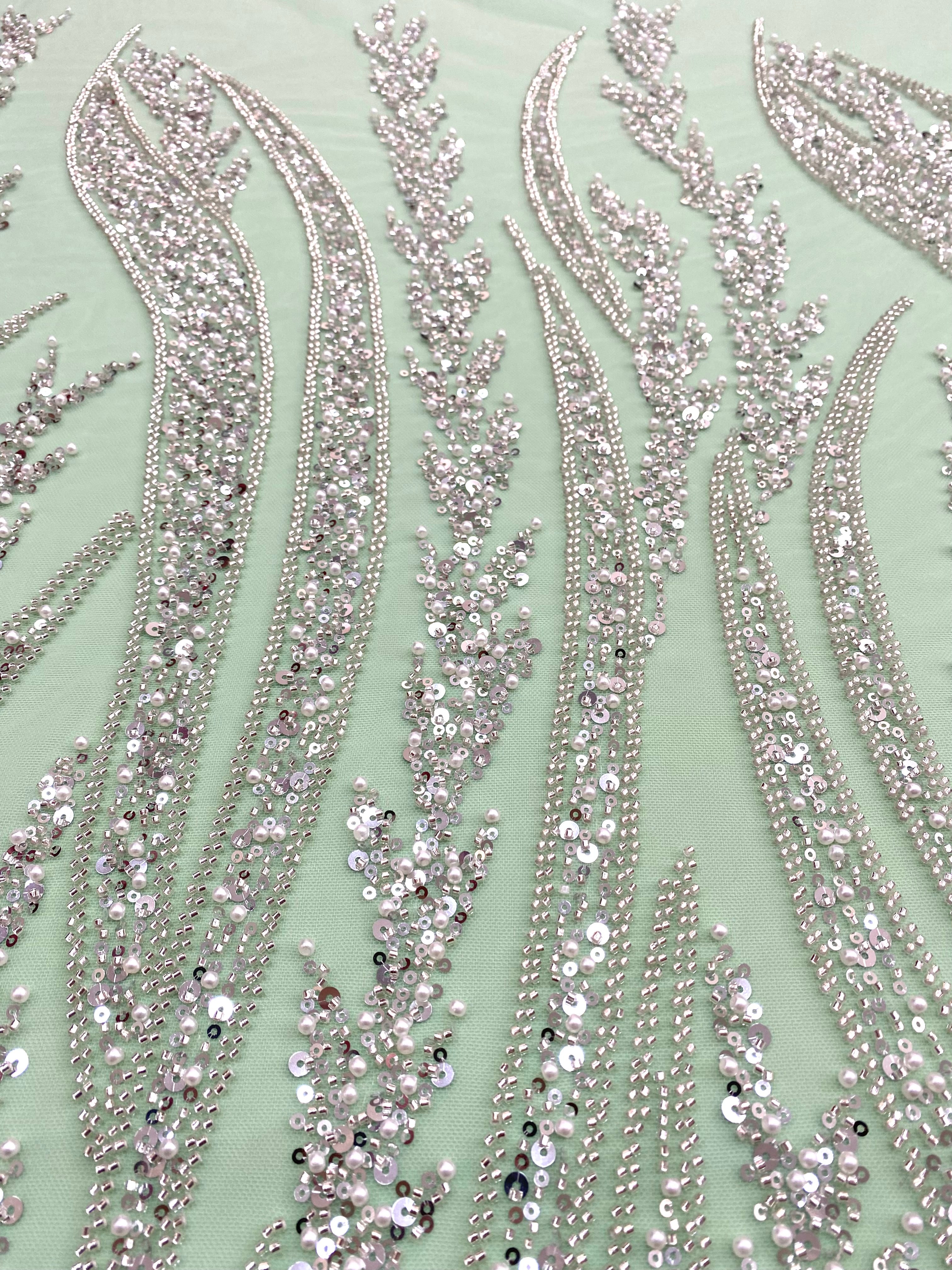 Silver Couture Lace on Mint Green Tulle with Panel, with Pearls, Beads and Sequins