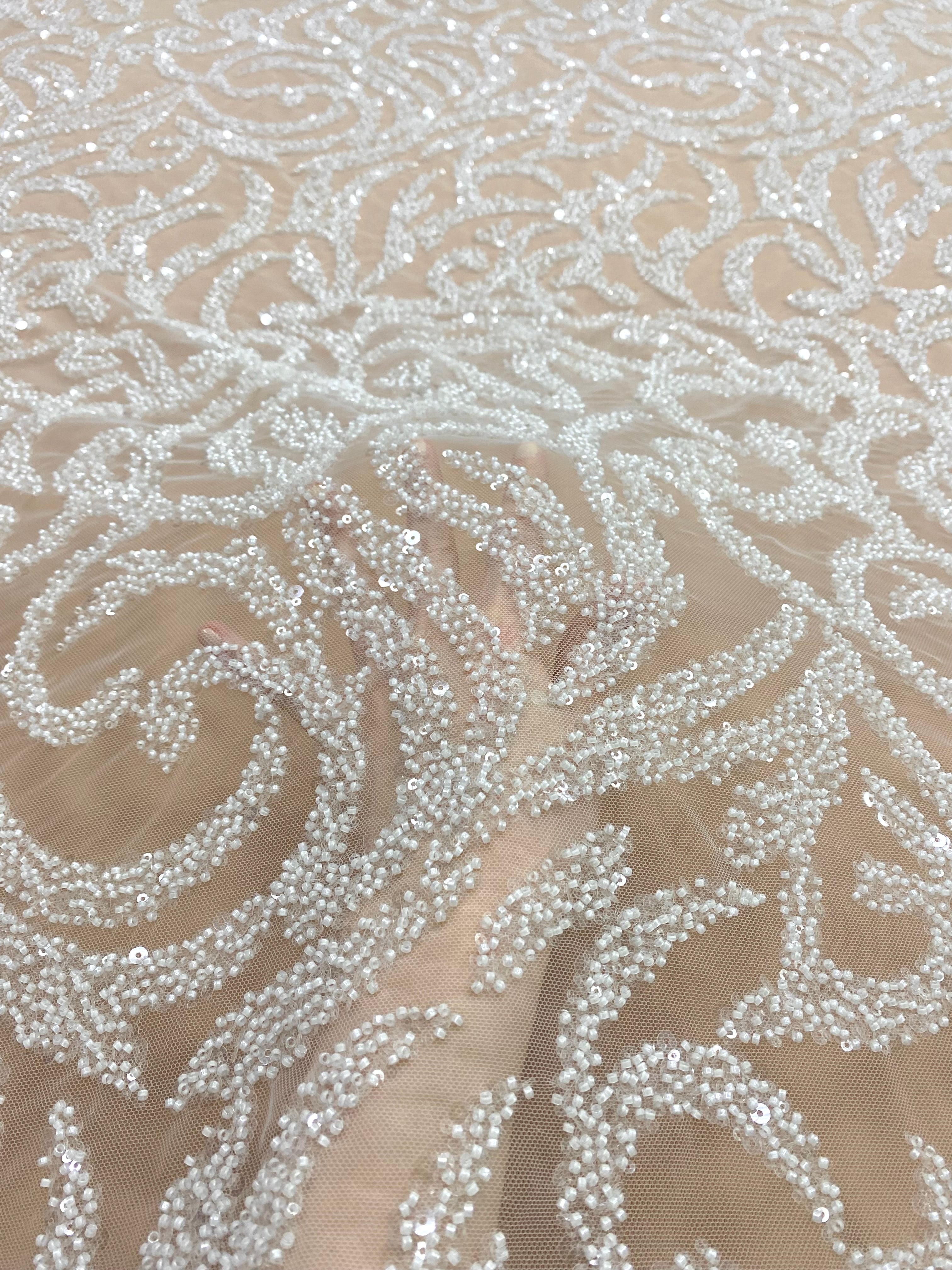 Dantela Couture Ivory cu Model Geometric, cu Margele si Paiete