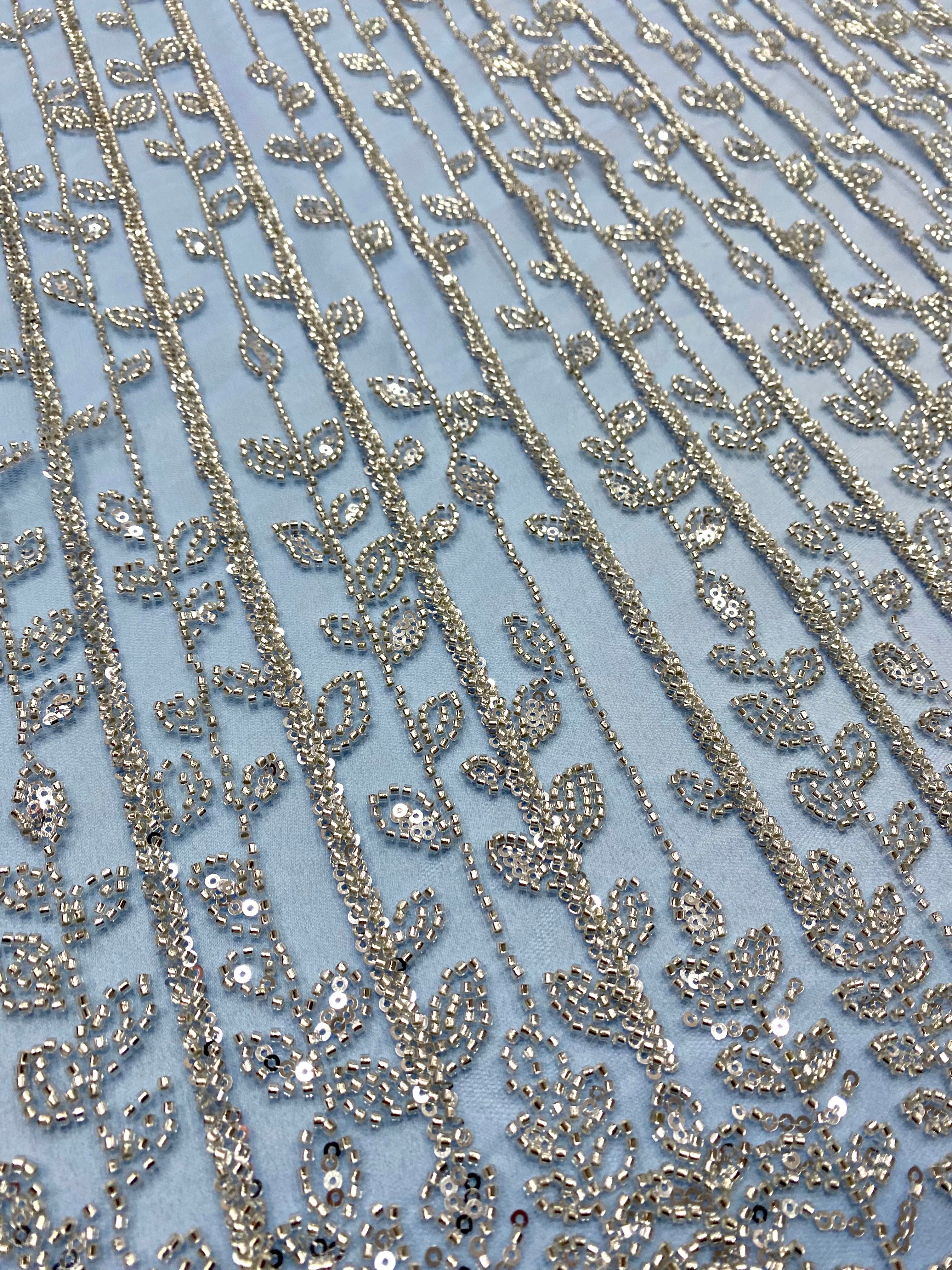 Silver Lace with Linear Pattern, with Pearls and Sequins