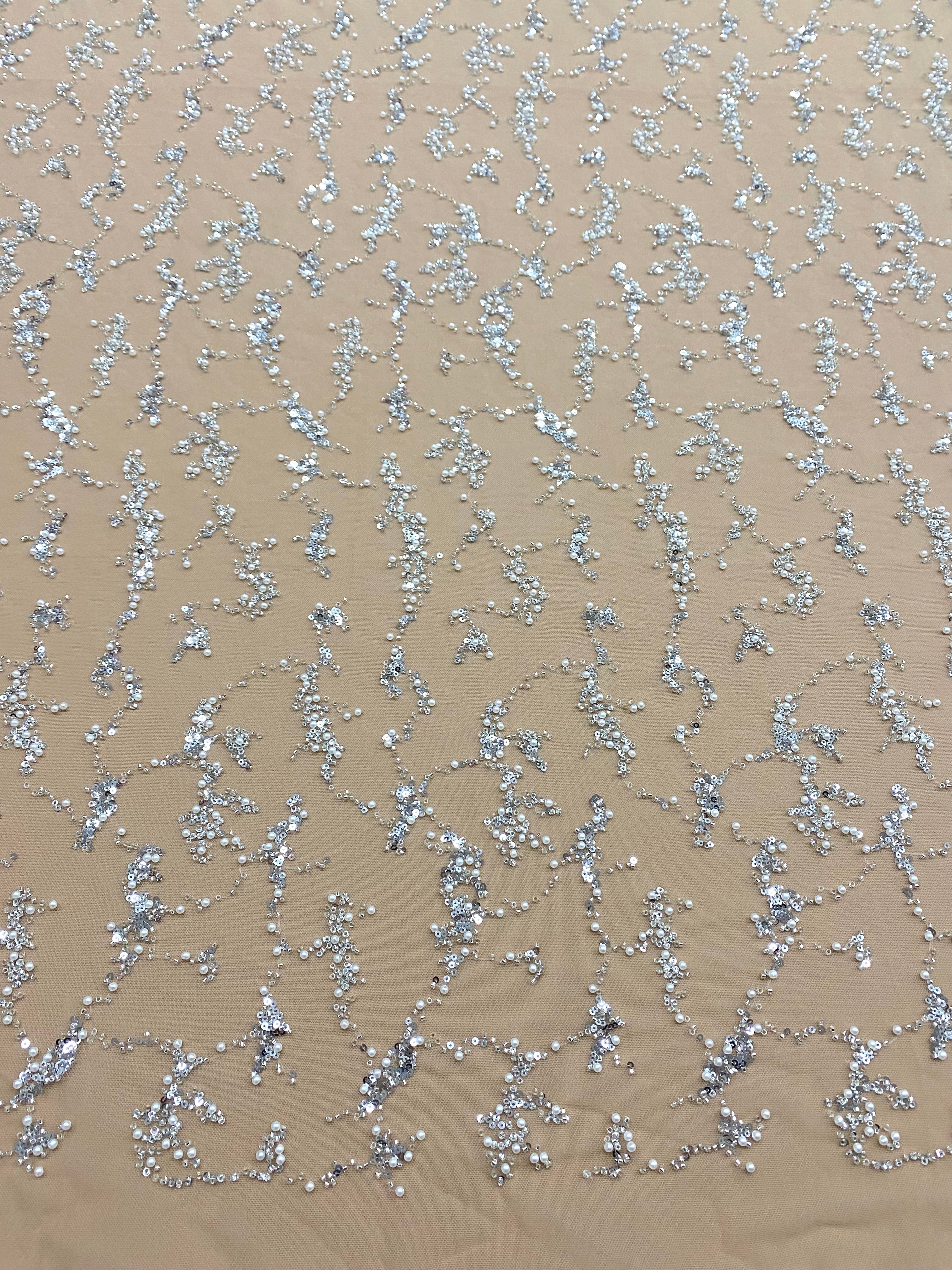 Silver Couture Lace on Nude Tulle, with Pearls, Beads and Sequins