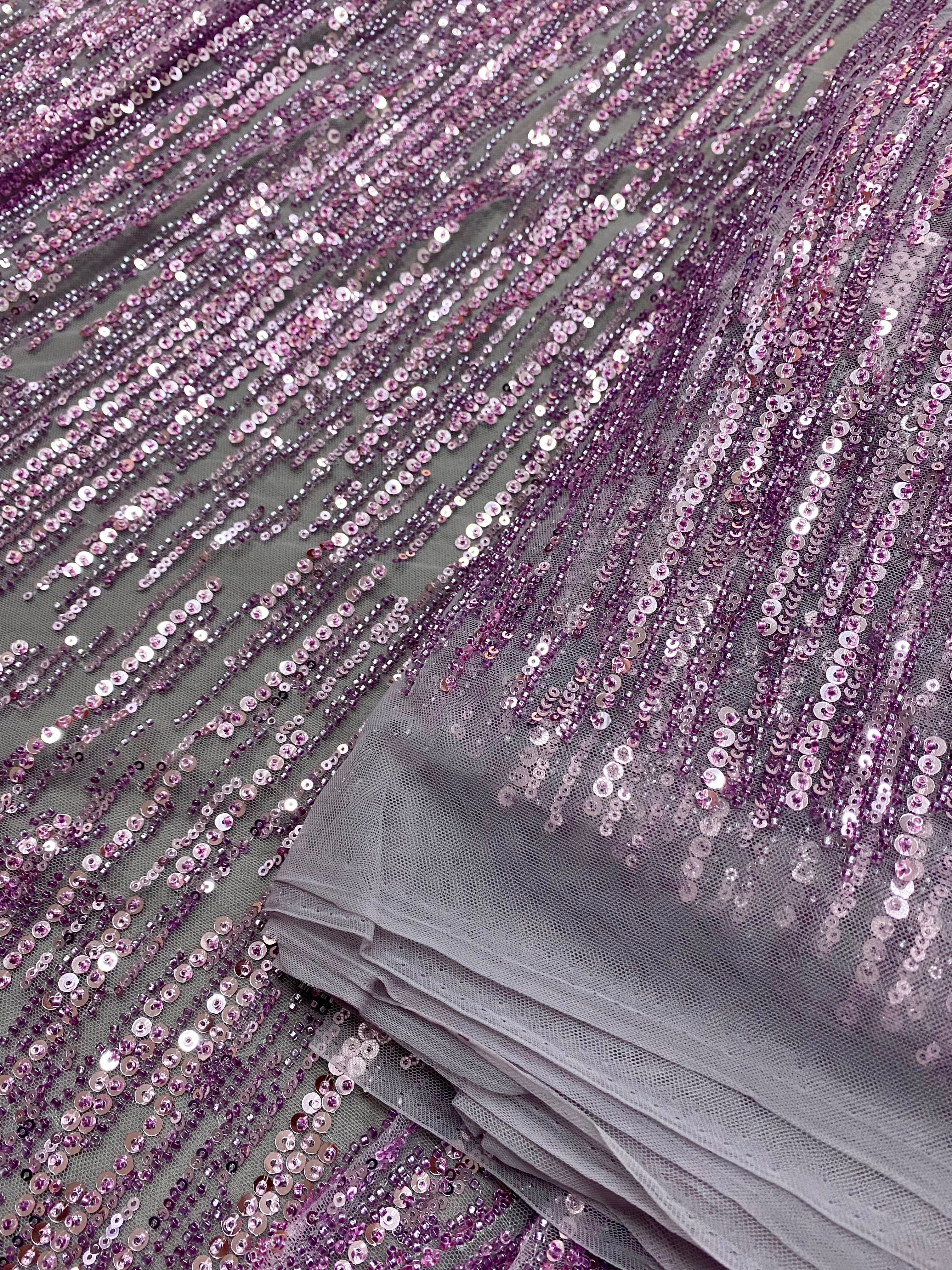 Powder Couture Lace with Linear Pattern, with Beads and Sequins