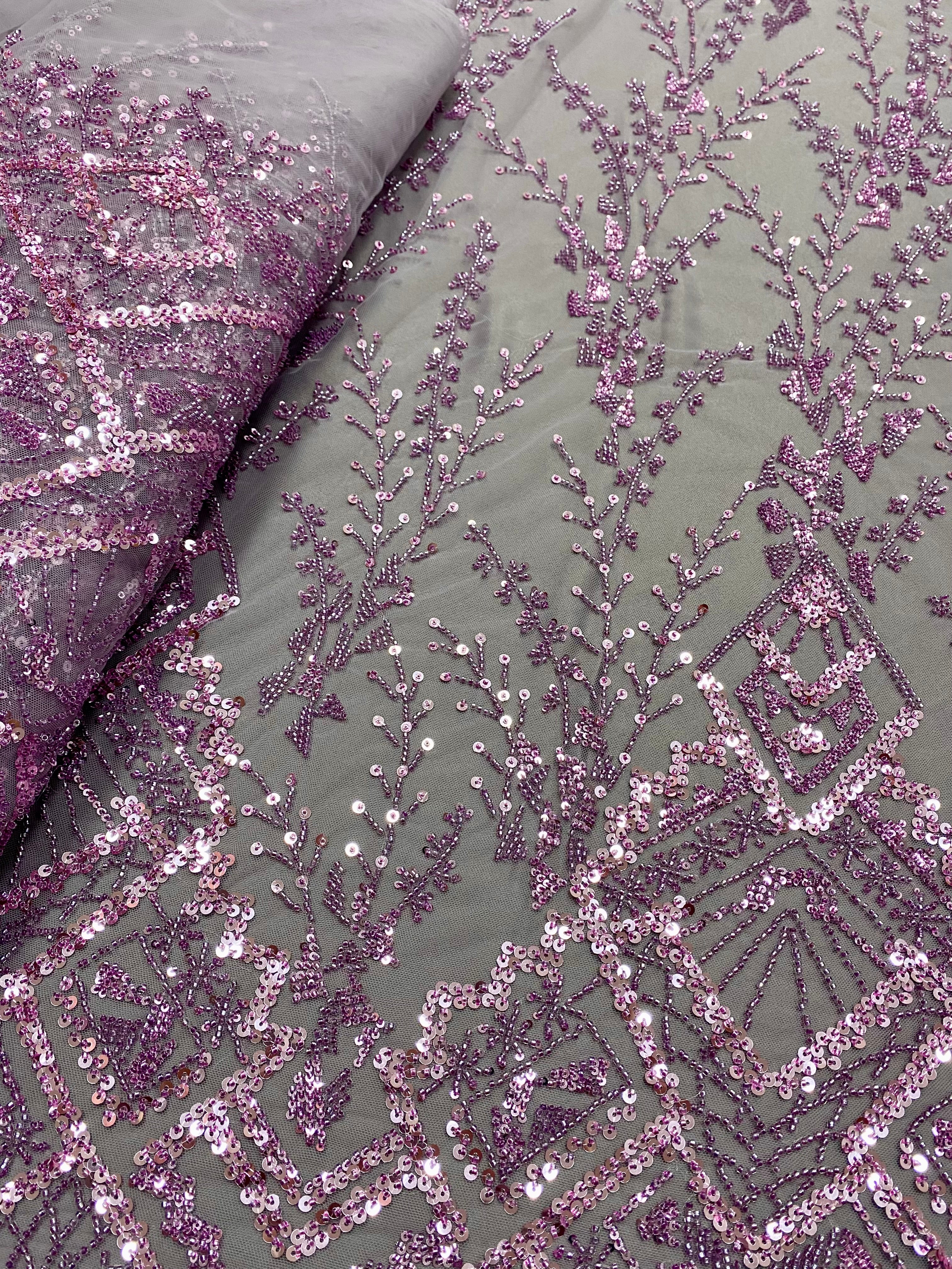 Dantela Couture Lavanda Pudrata cu Model Geometric, cu Margele si Paiete
