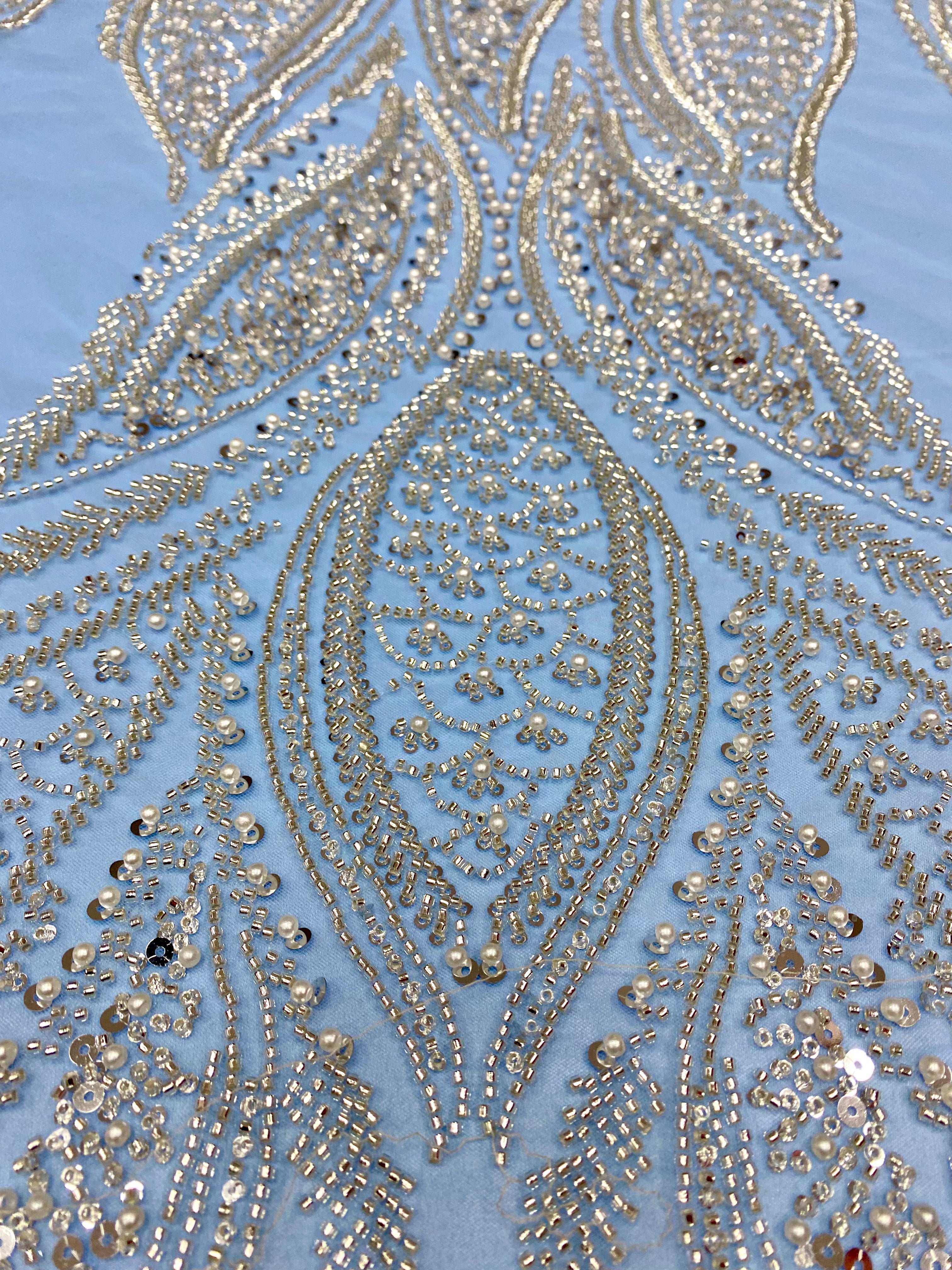 Silver Lace with Linear Pattern, with Pearls and Sequins