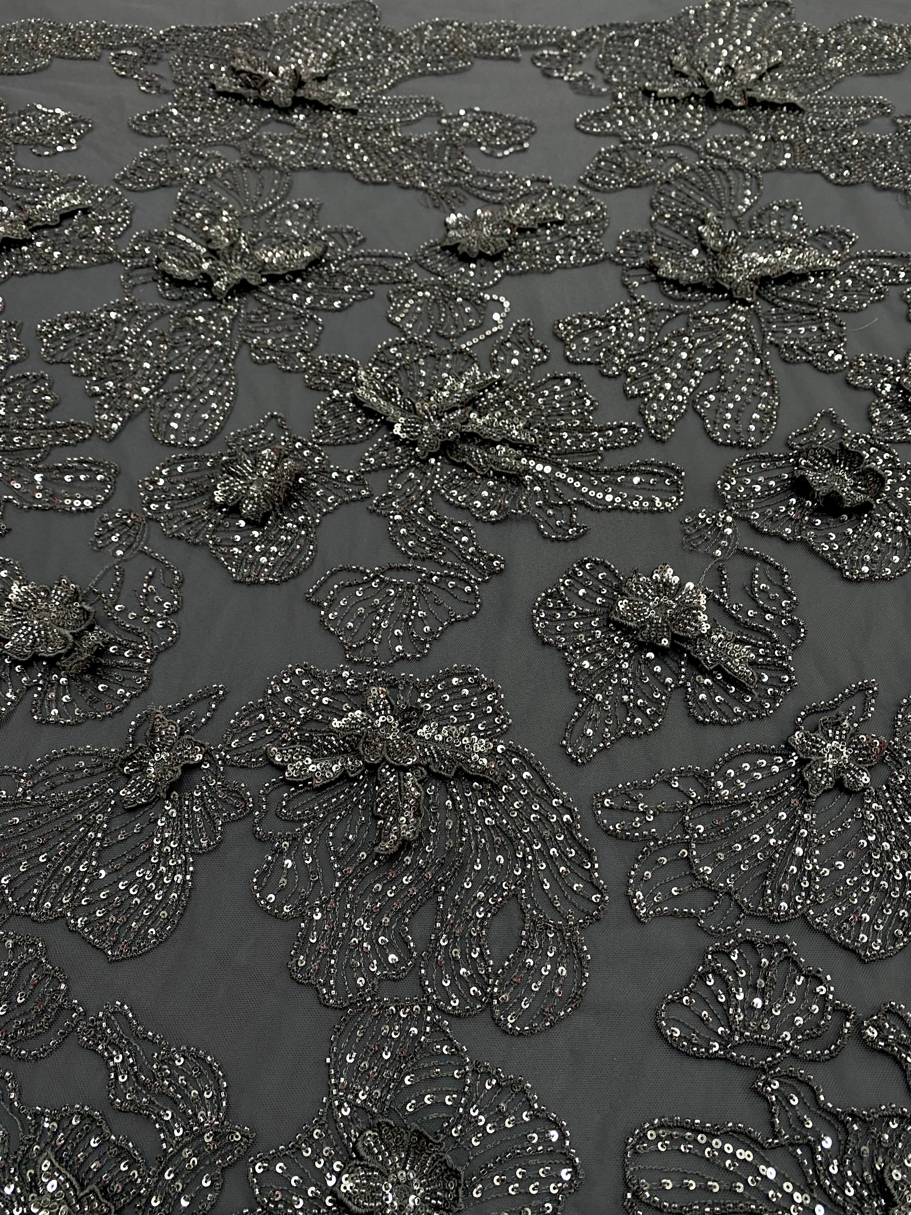 Silver Lace with Linear Pattern, with Pearls and Sequins