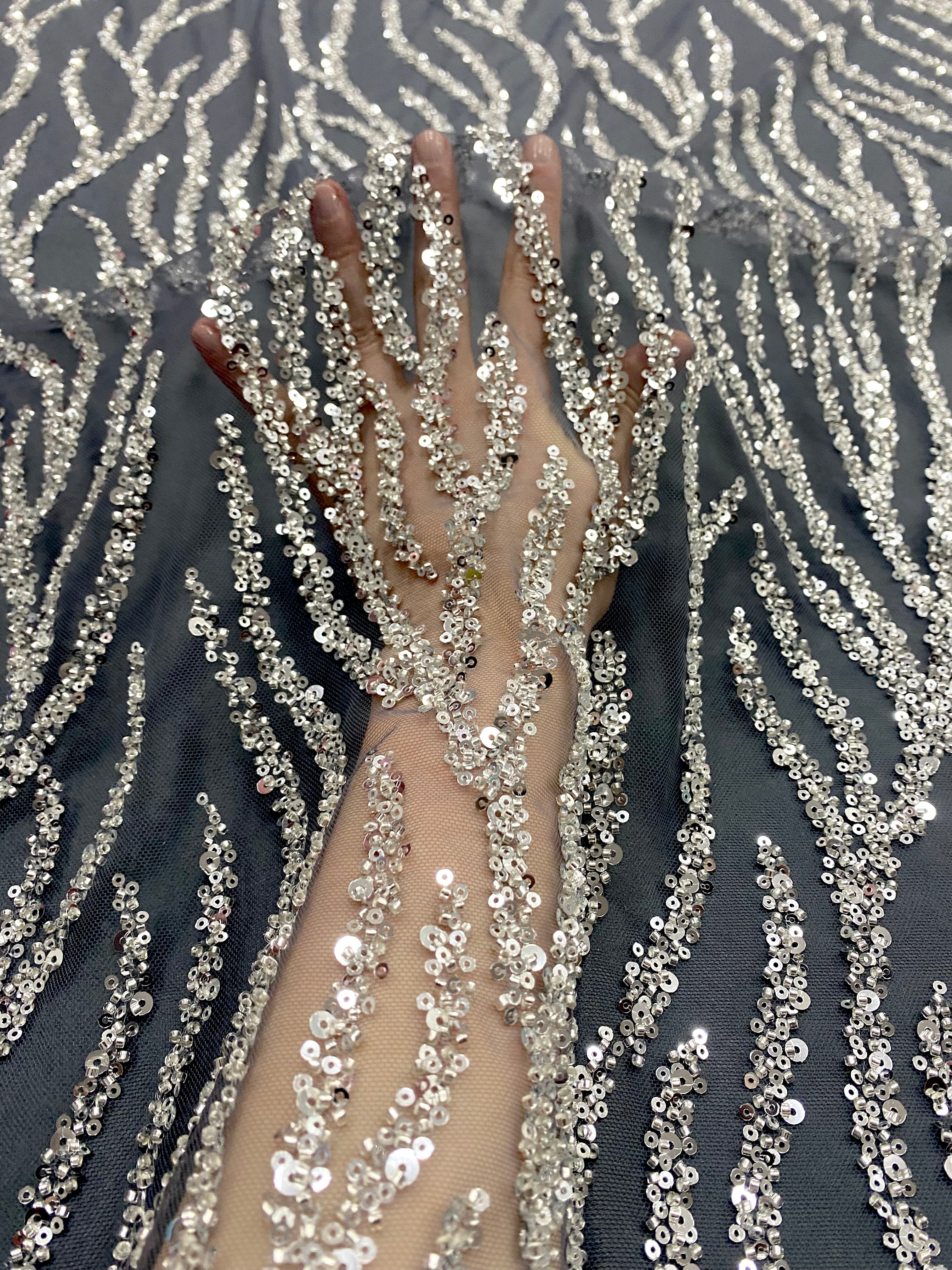 Silver Couture Lace on Anthracite Tulle with Strings, Beads and Sequins