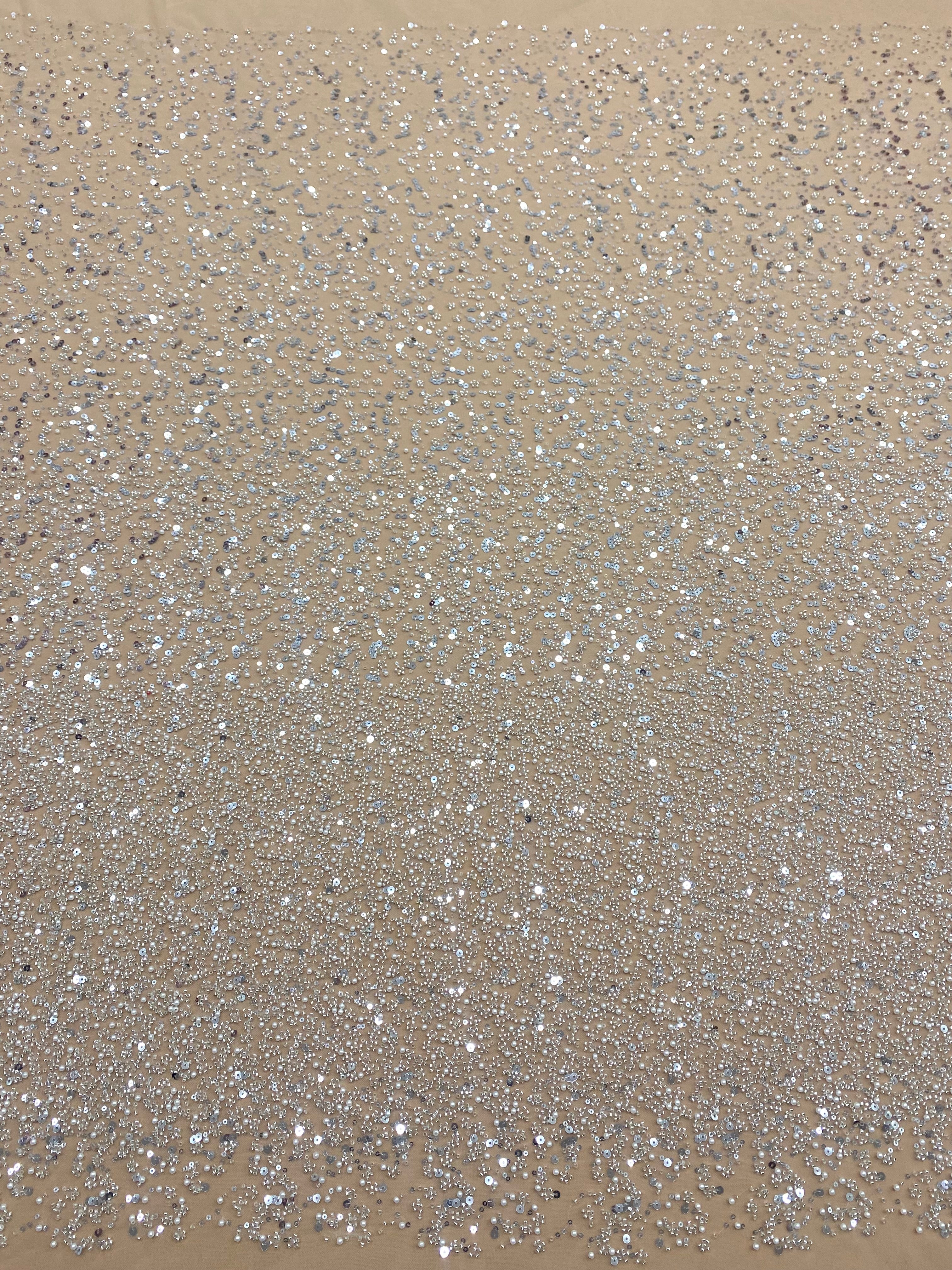 Silver Couture Lace on Nude Tulle in Gradients, with Pearls, Beads and Sequins