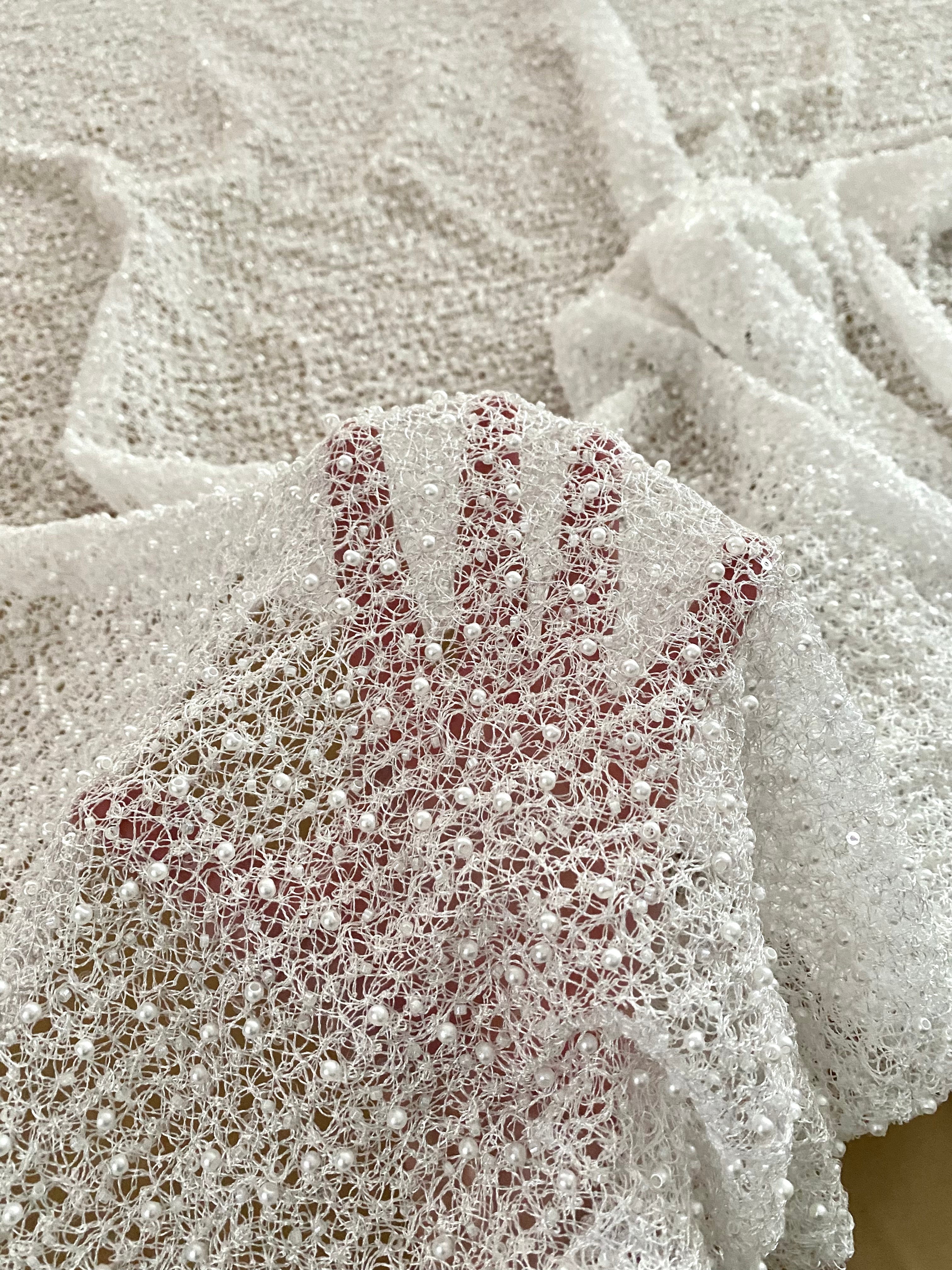Silver Lace with Linear Pattern, with Pearls and Sequins