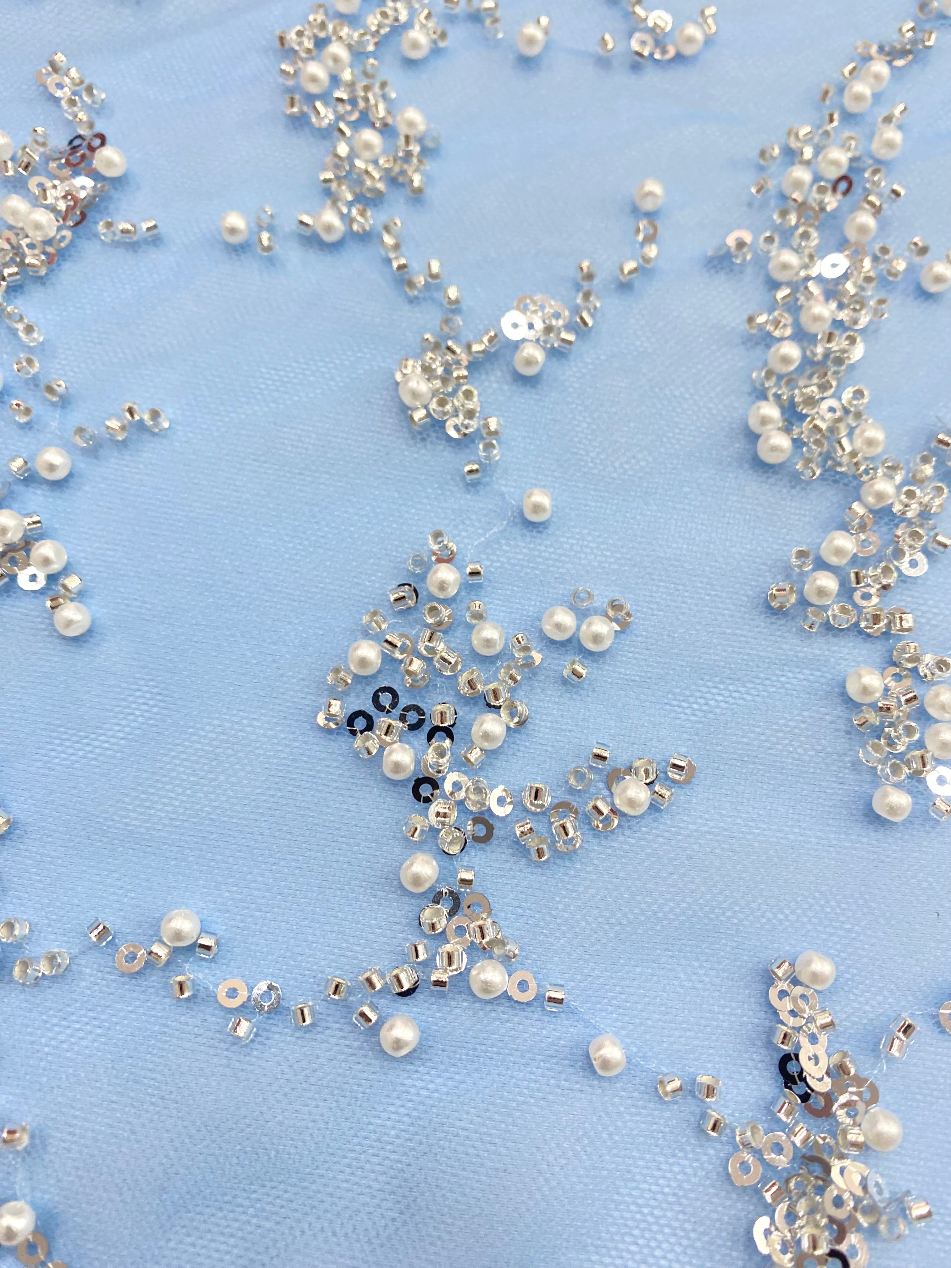 Silver Couture Lace on Blue Tulle, with Symmetrical Pattern, with Beads and Sequins 