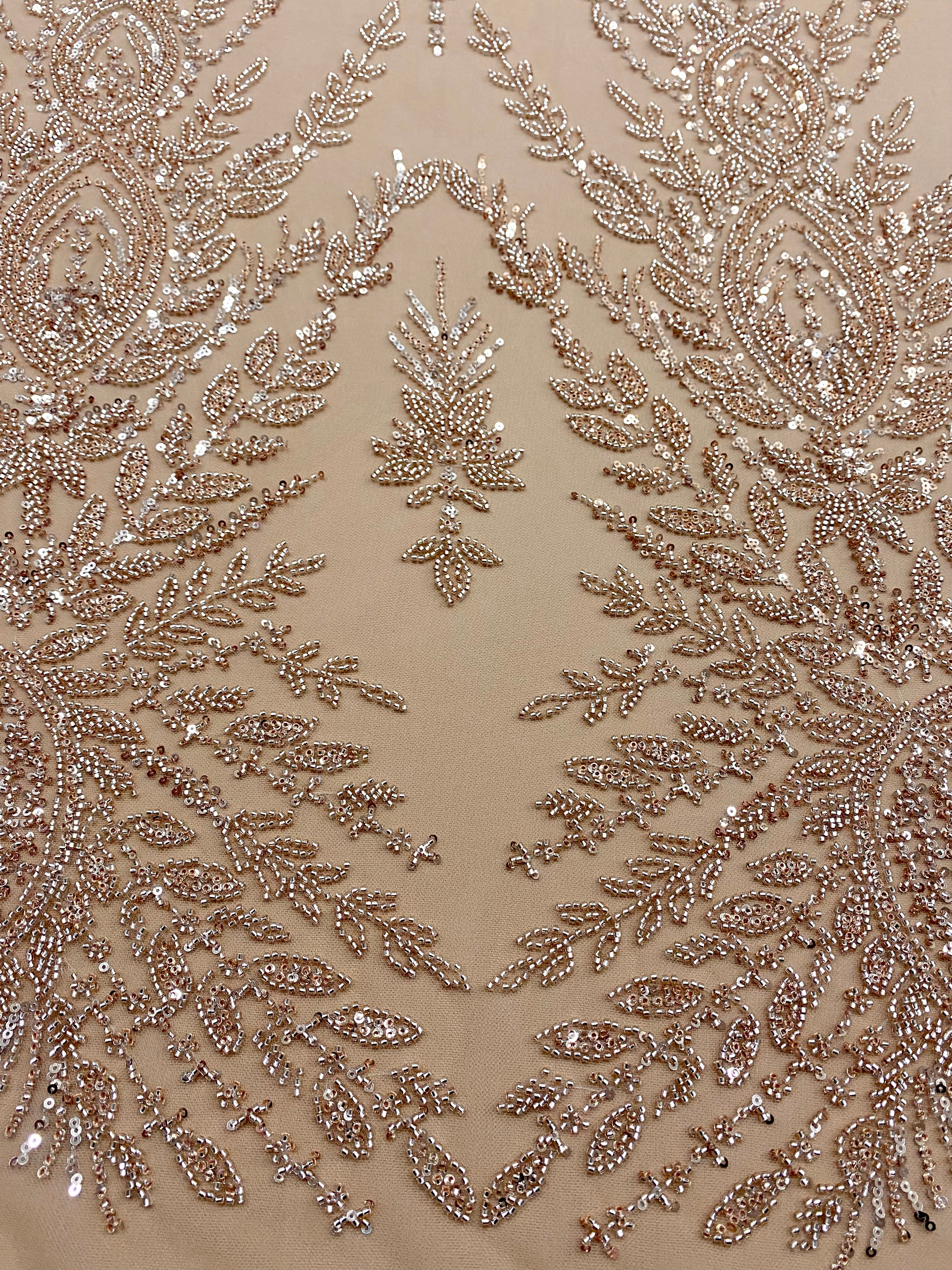 Rose Gold Couture Lace with Symmetrical Pattern, with Beads and Sequins 
