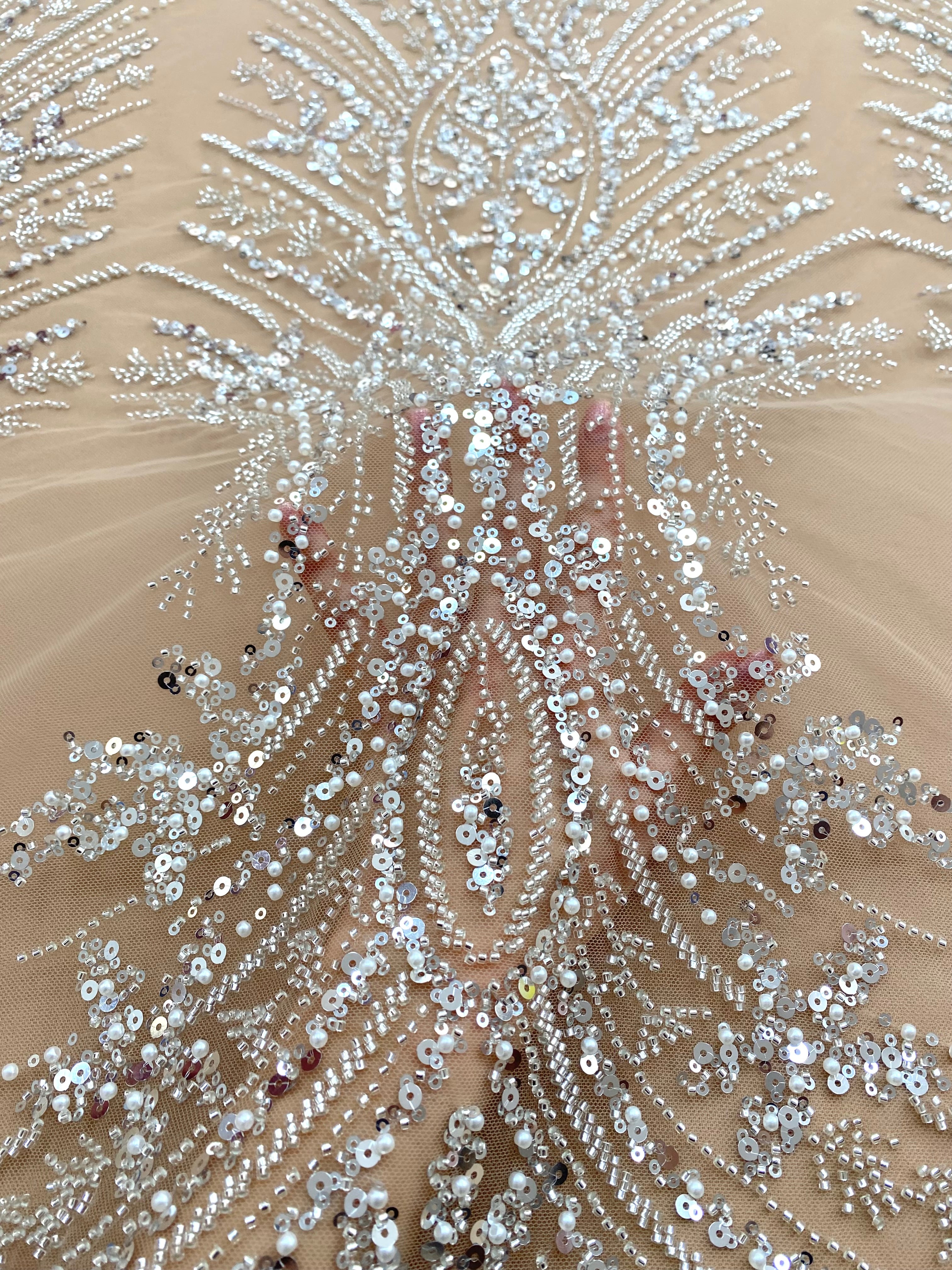 Silver Lace with Linear Pattern, with Pearls and Sequins