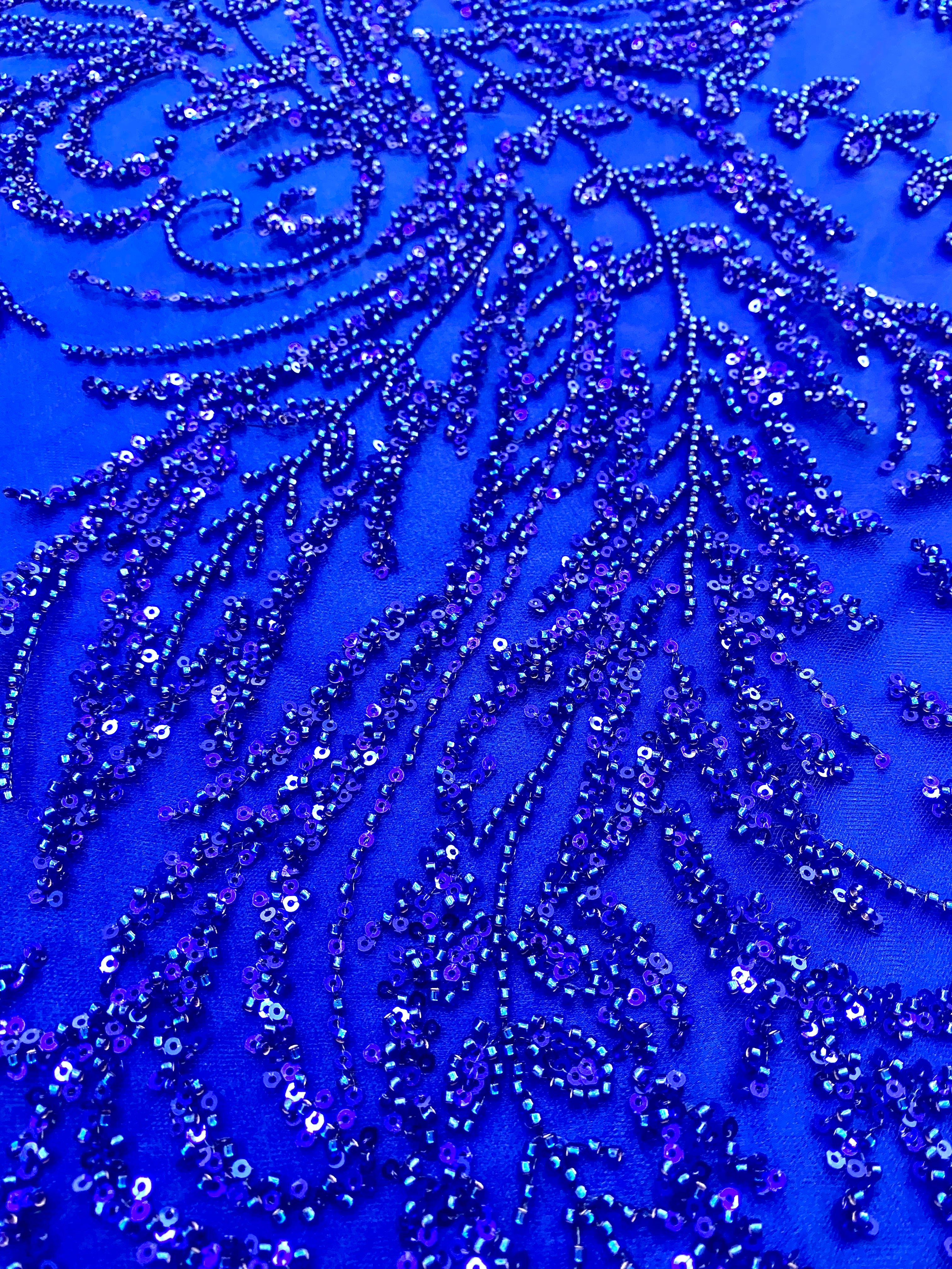 Royal Blue Couture Lace with Floral Pattern, Beads and Sequins