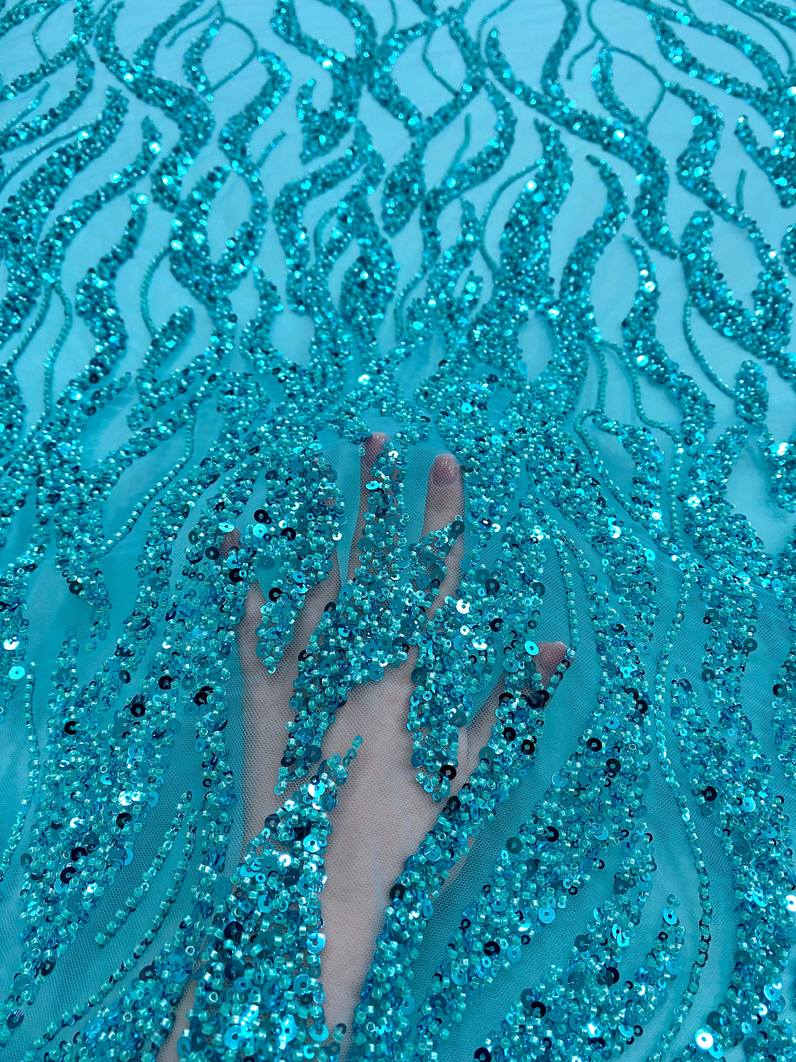 Turquoise Couture Lace with Strings, Beads and Sequins 
