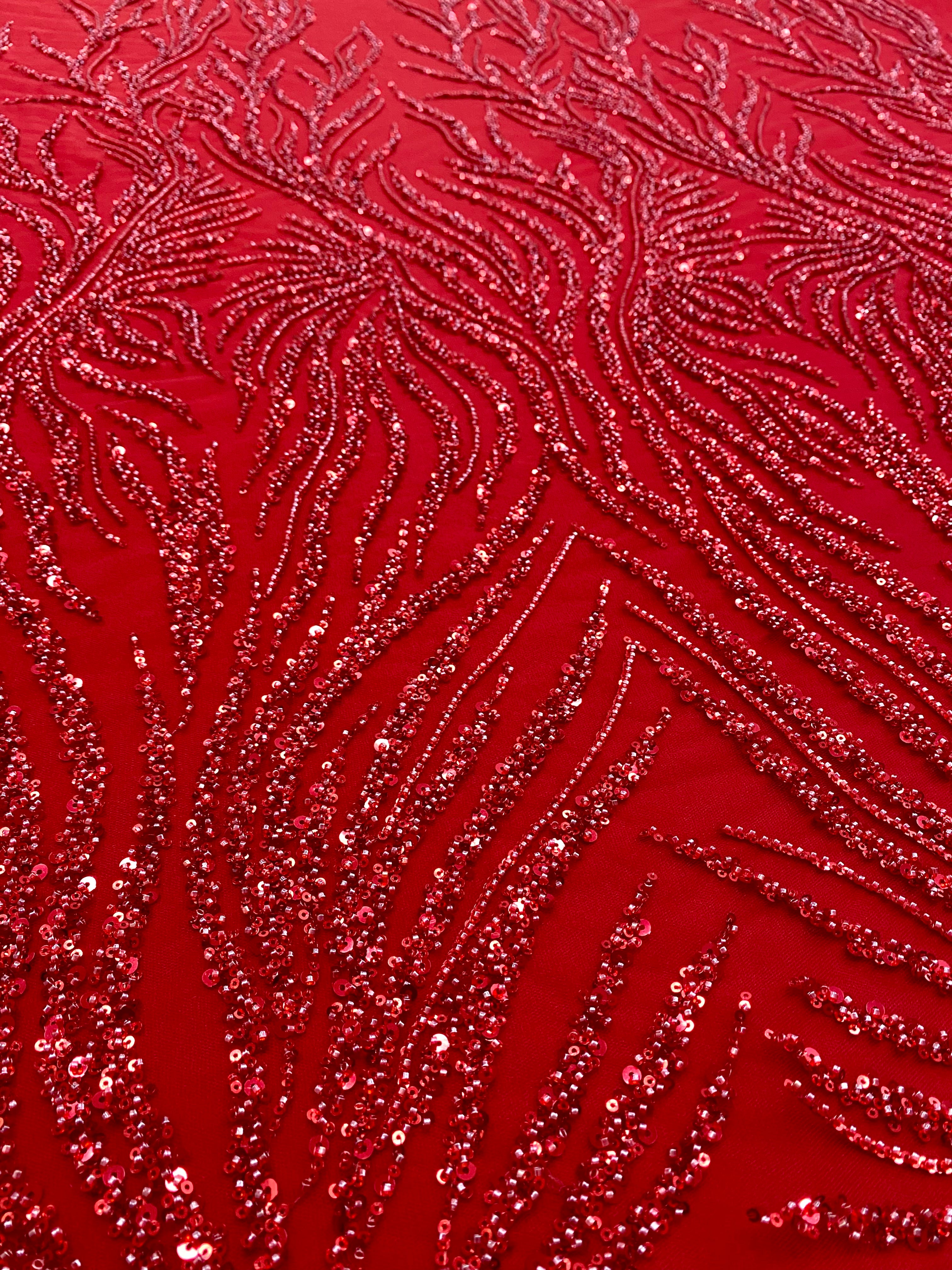 Red Couture Lace with Strings, Beads and Sequins