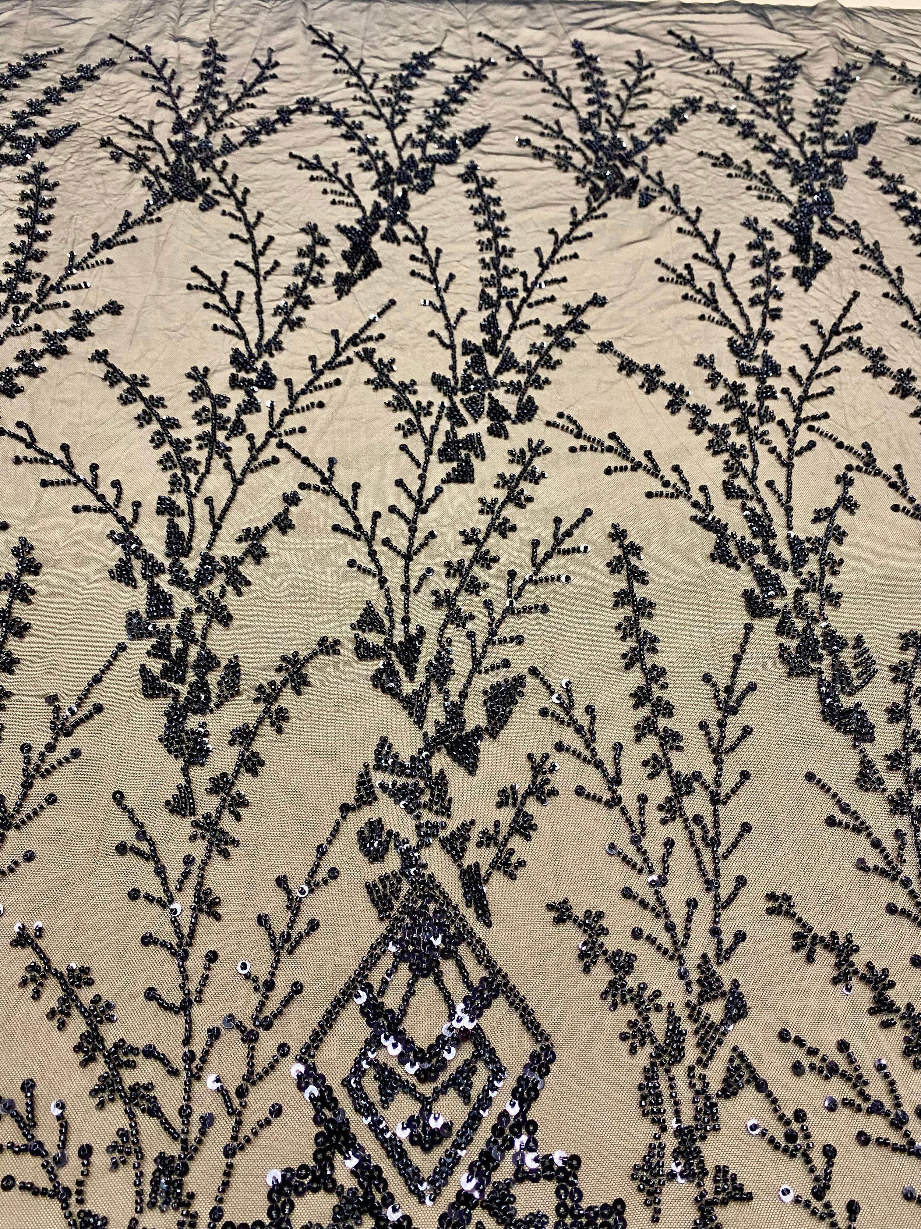 Black Couture Lace with Geometric Pattern, Beads and Sequins