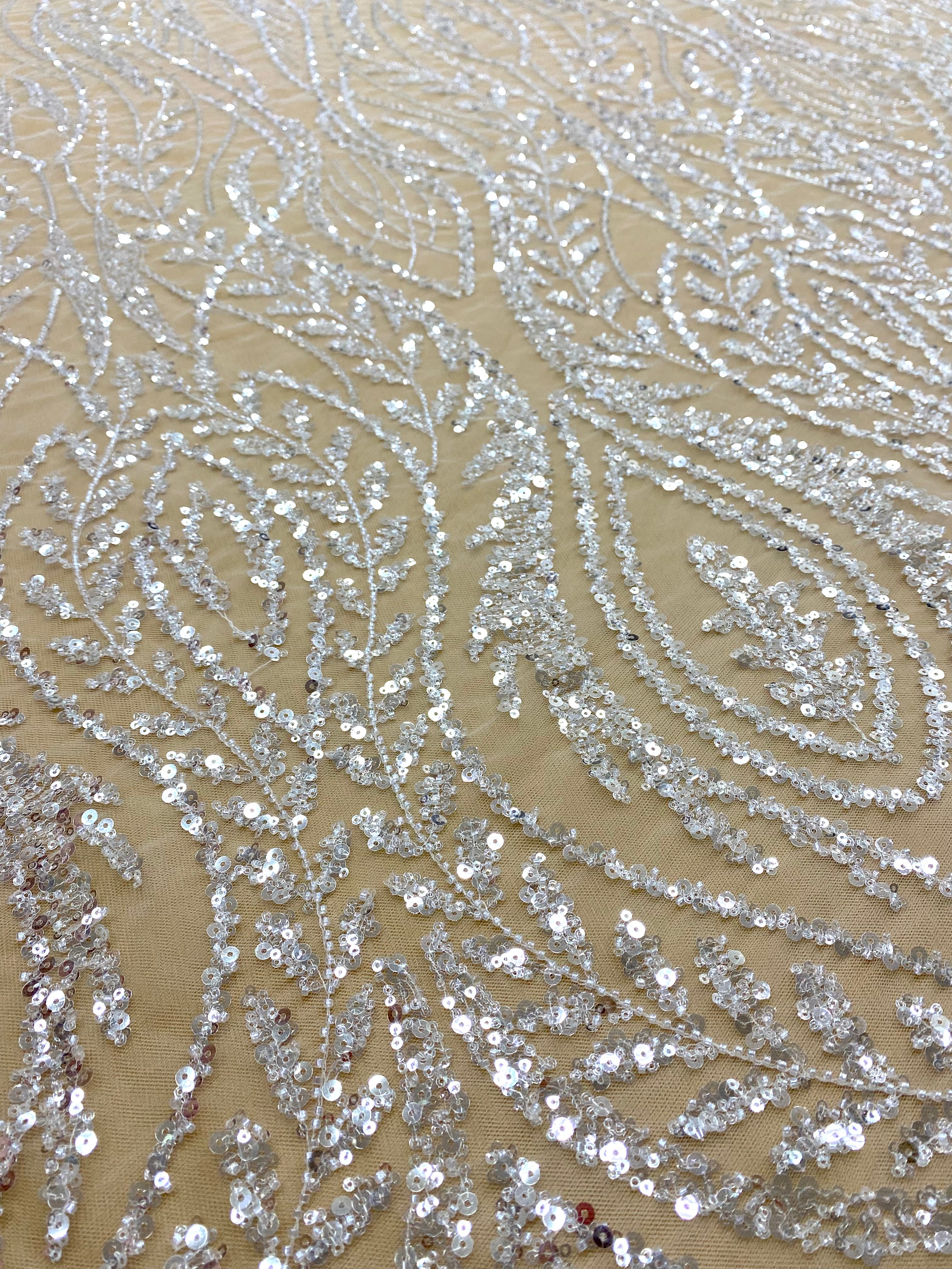 Silver Lace with Linear Pattern, with Pearls and Sequins