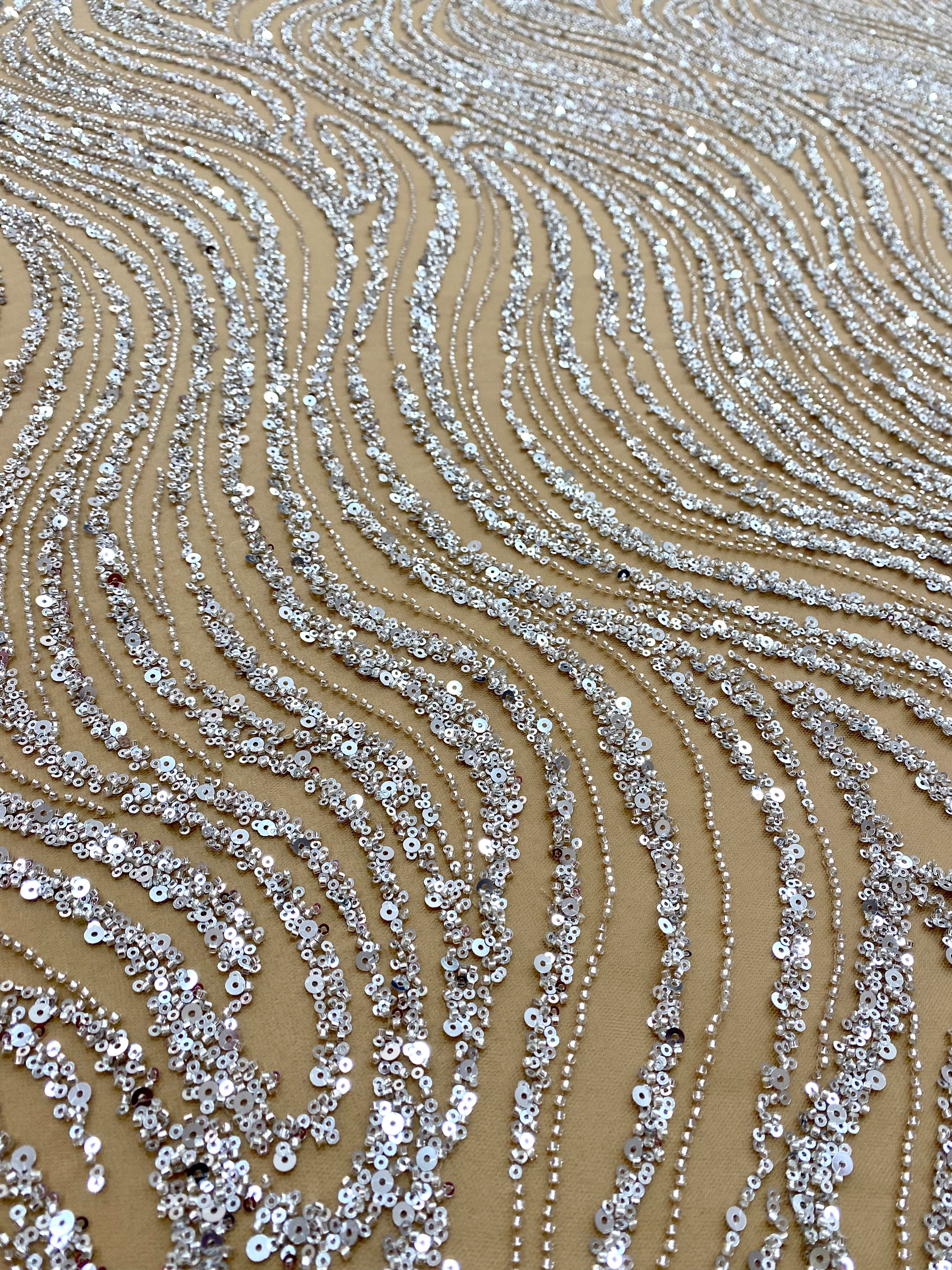 Silver Lace with Linear Pattern, with Pearls and Sequins