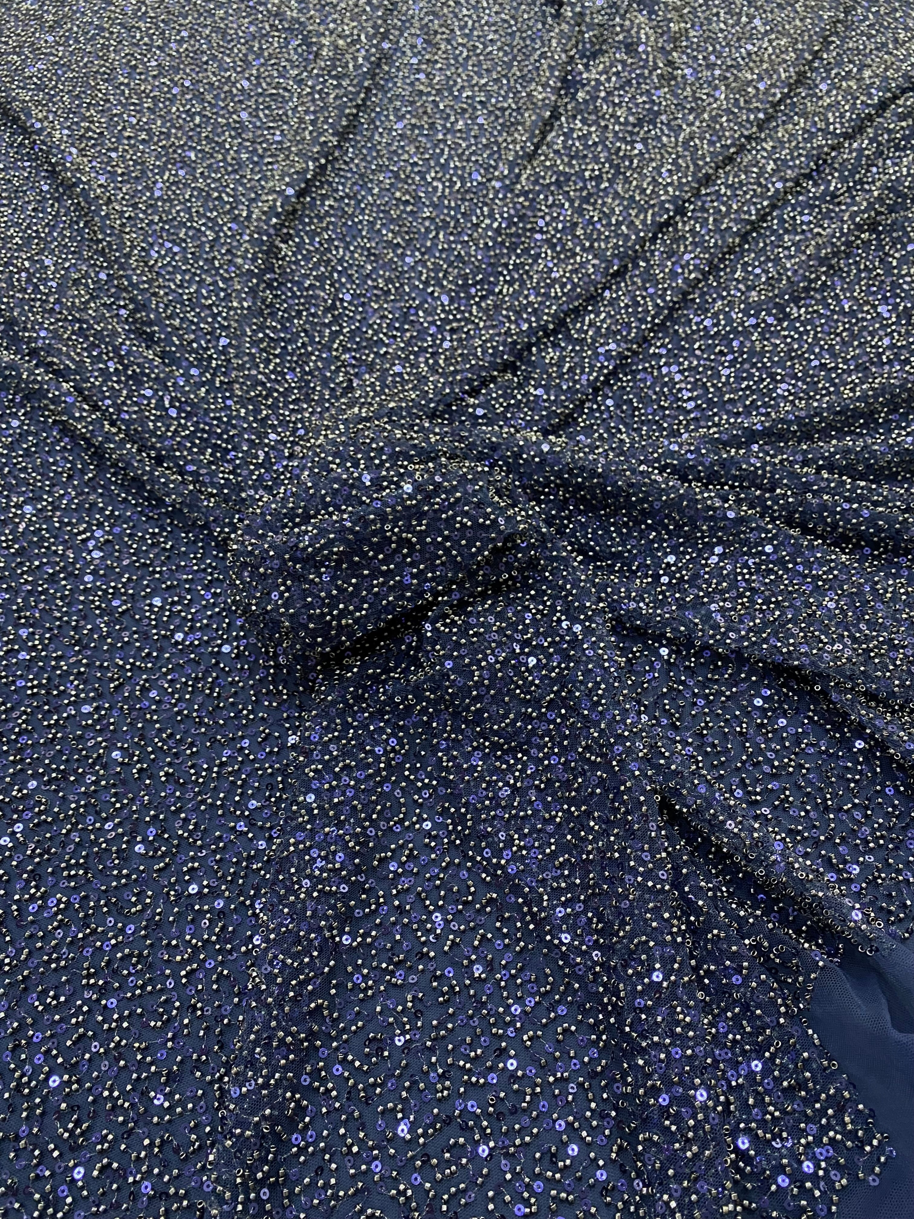 Navy Blue Couture Lace with General Pattern, with Beads and Sequins 