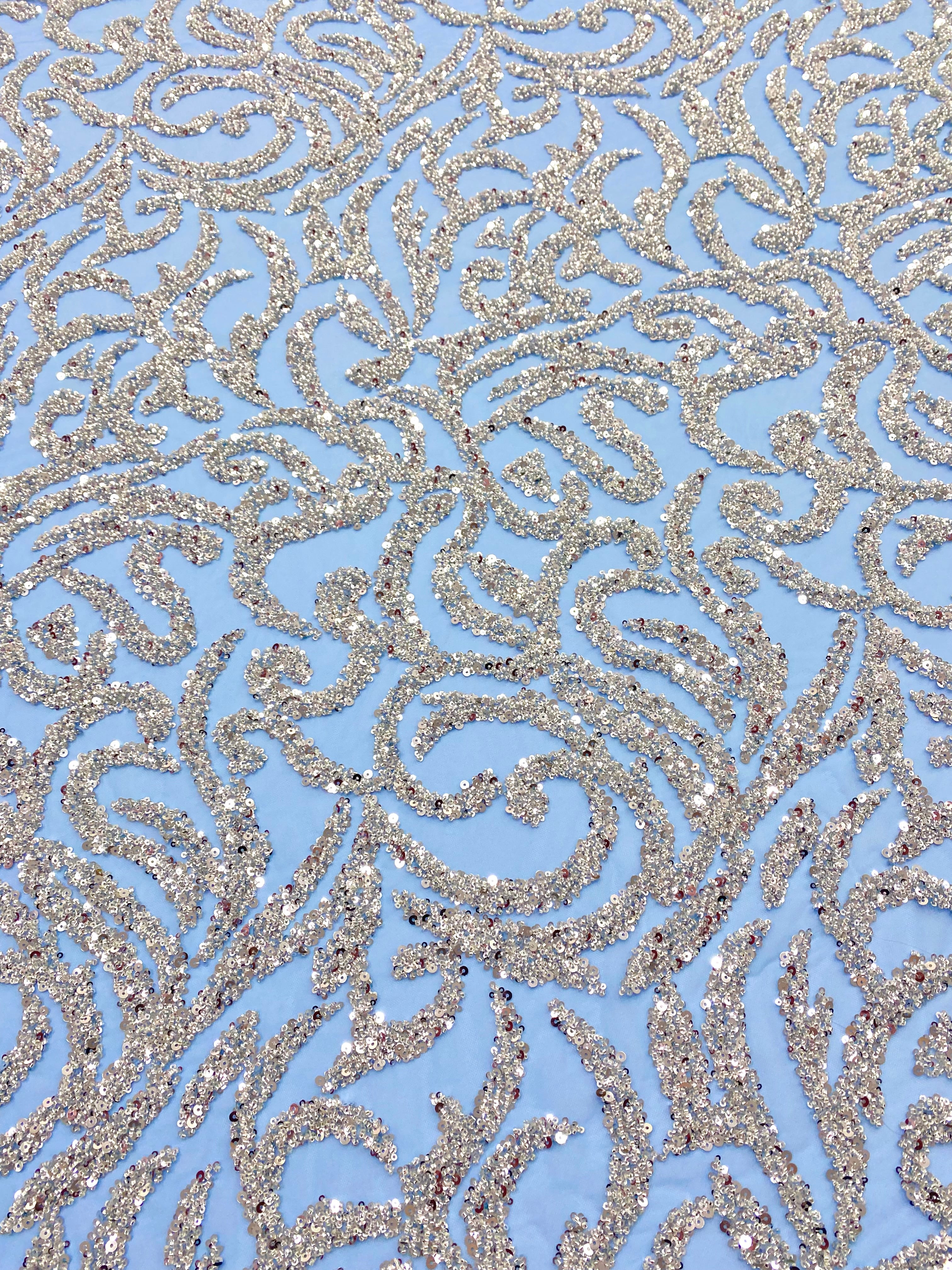 Silver Couture Lace on Blue Tulle, with Symmetrical Pattern, with Beads and Sequins 
