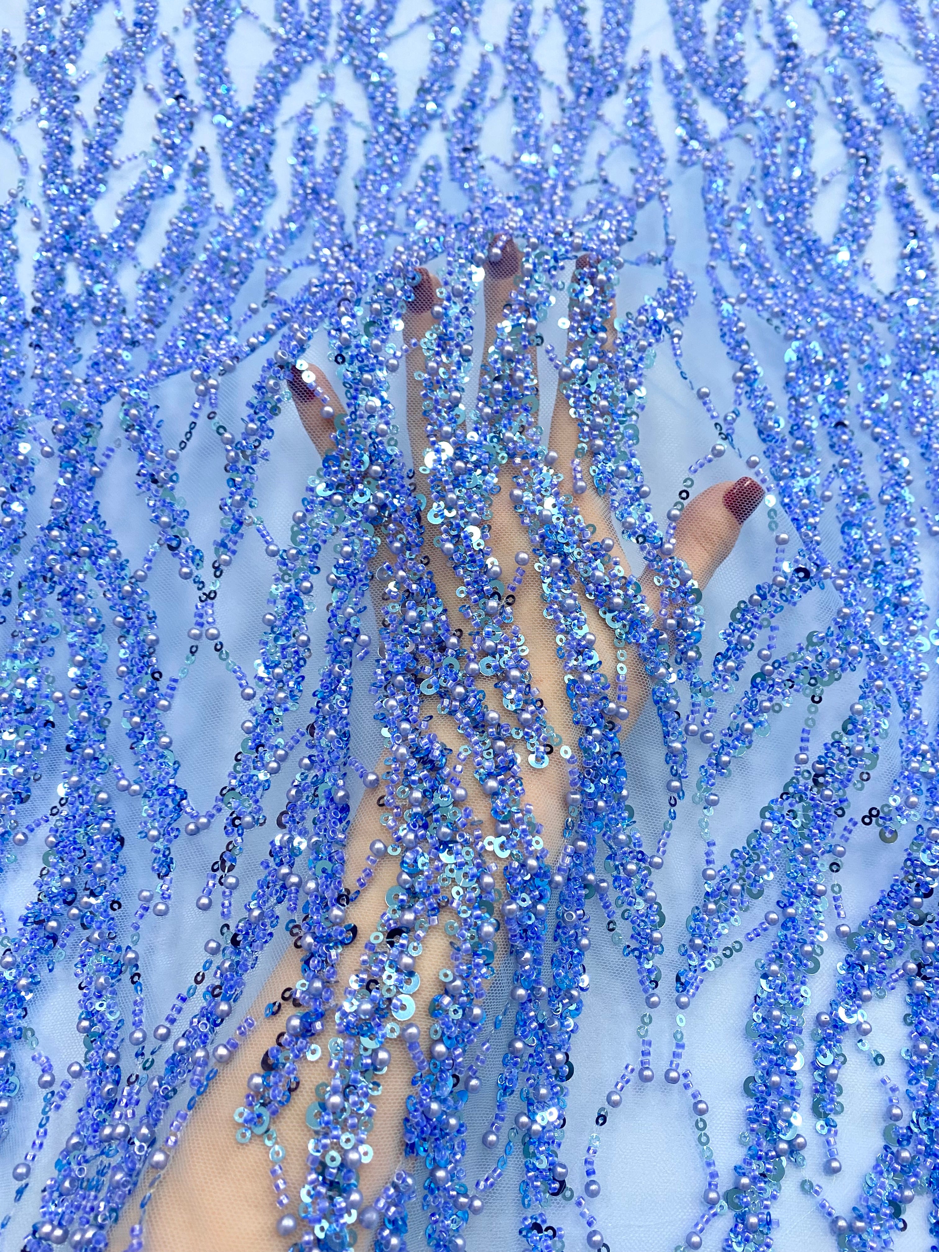 Dantela Couture Sky Blue cu Siraguri cu Perle, Margele si Paiete