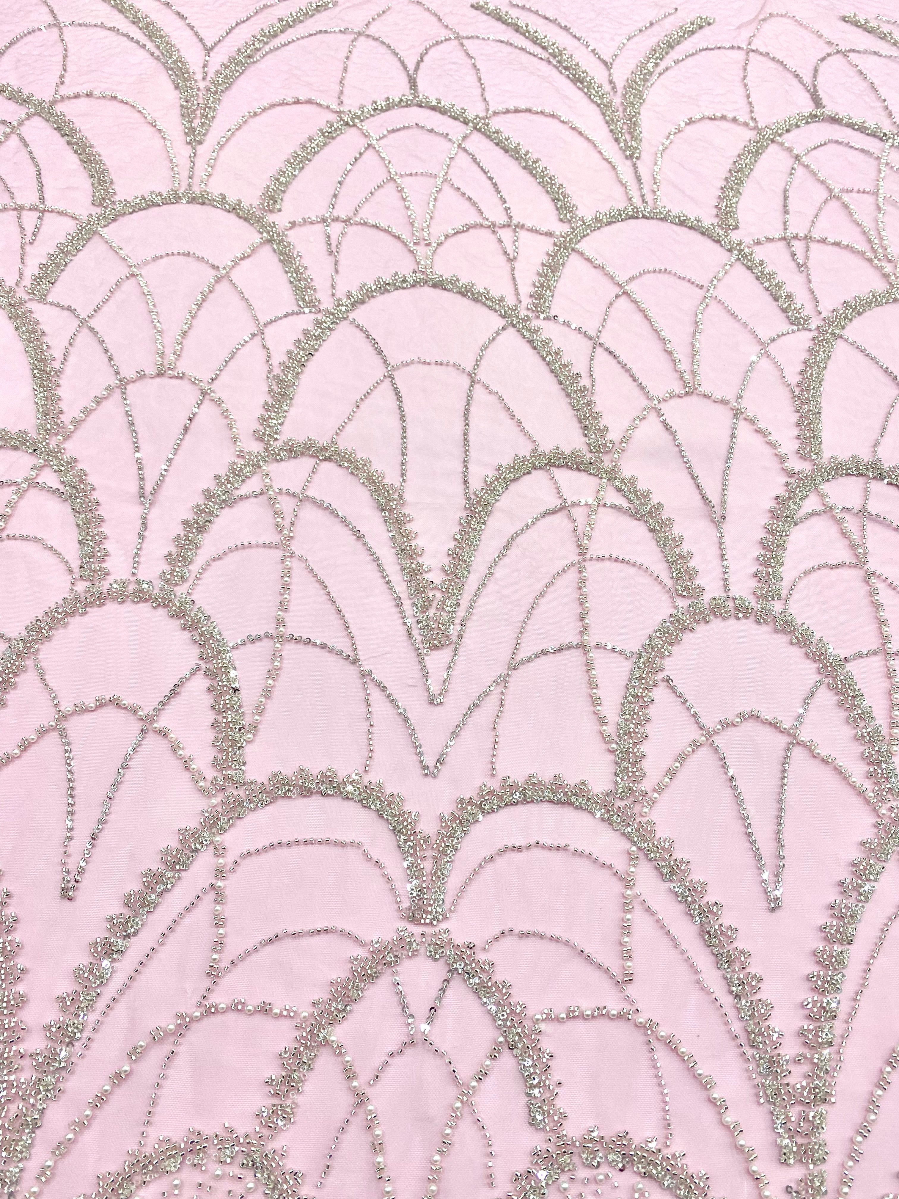 Silver Couture Lace on Pink Tulle with Geometric Pattern, with Pearls, Beads and Sequins
