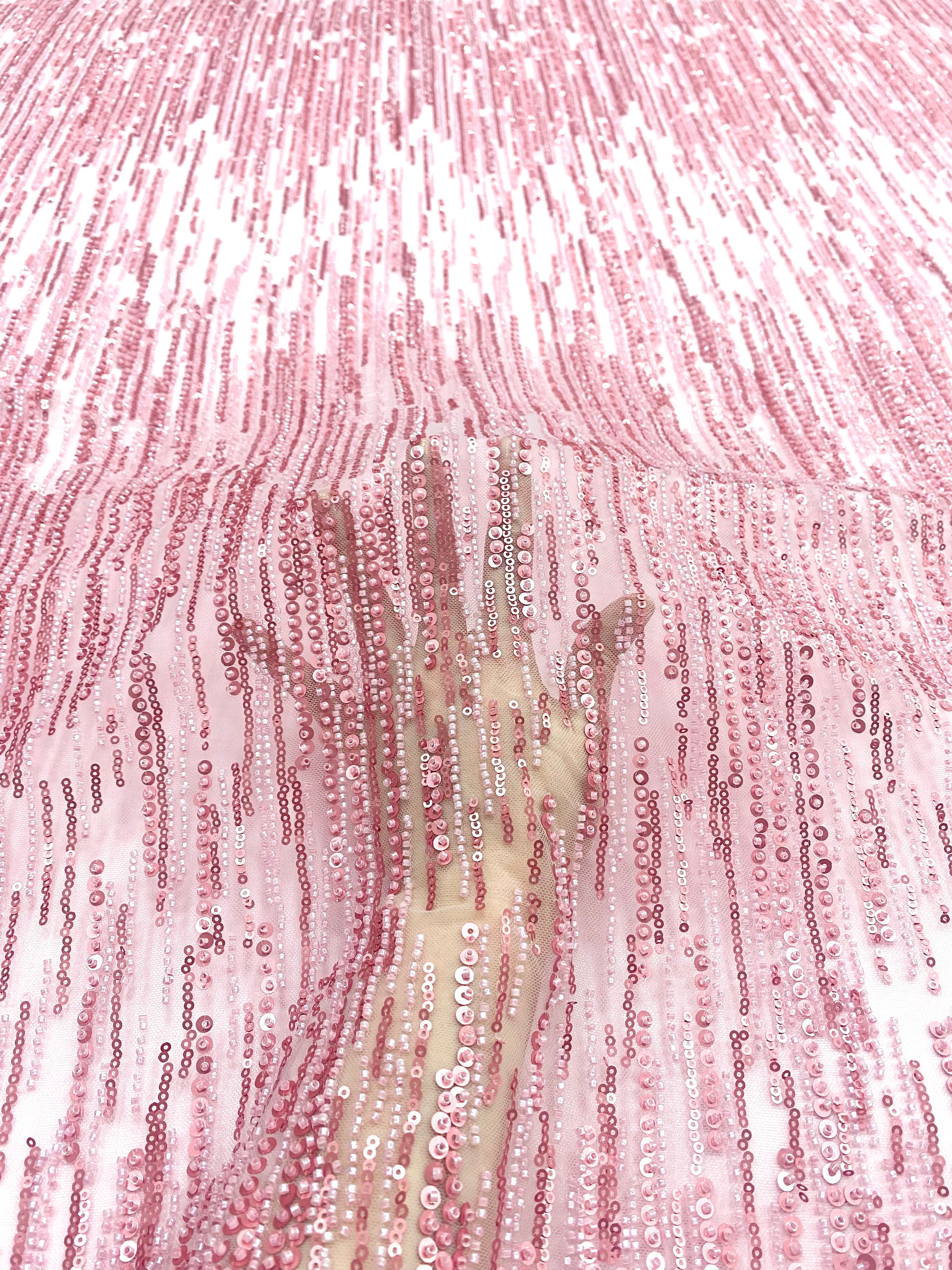 Pink Couture Lace with Linear Pattern, with Beads and Sequins 