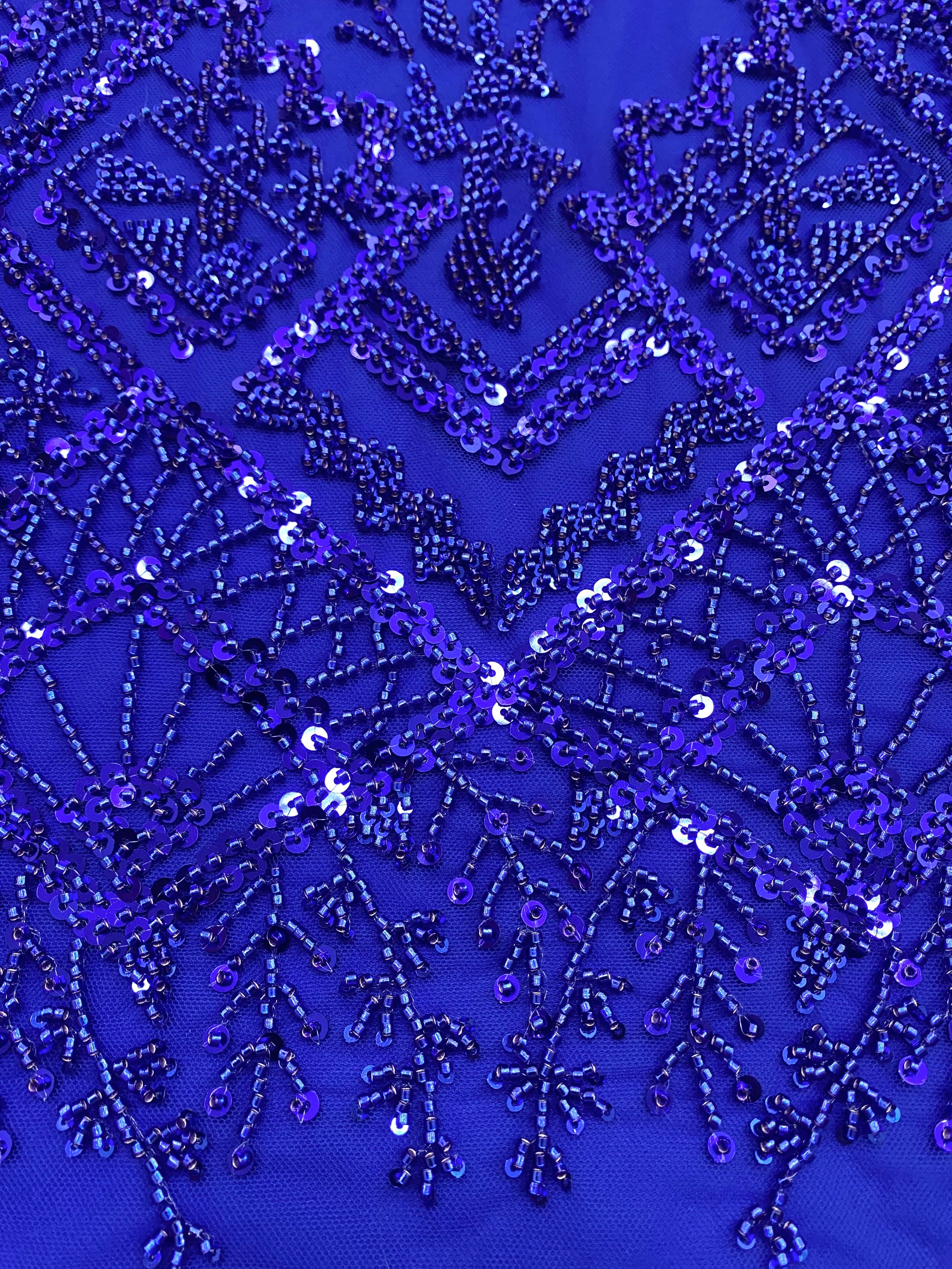 Royal Blue Couture Lace with Geometric Pattern, Beads and Sequins
