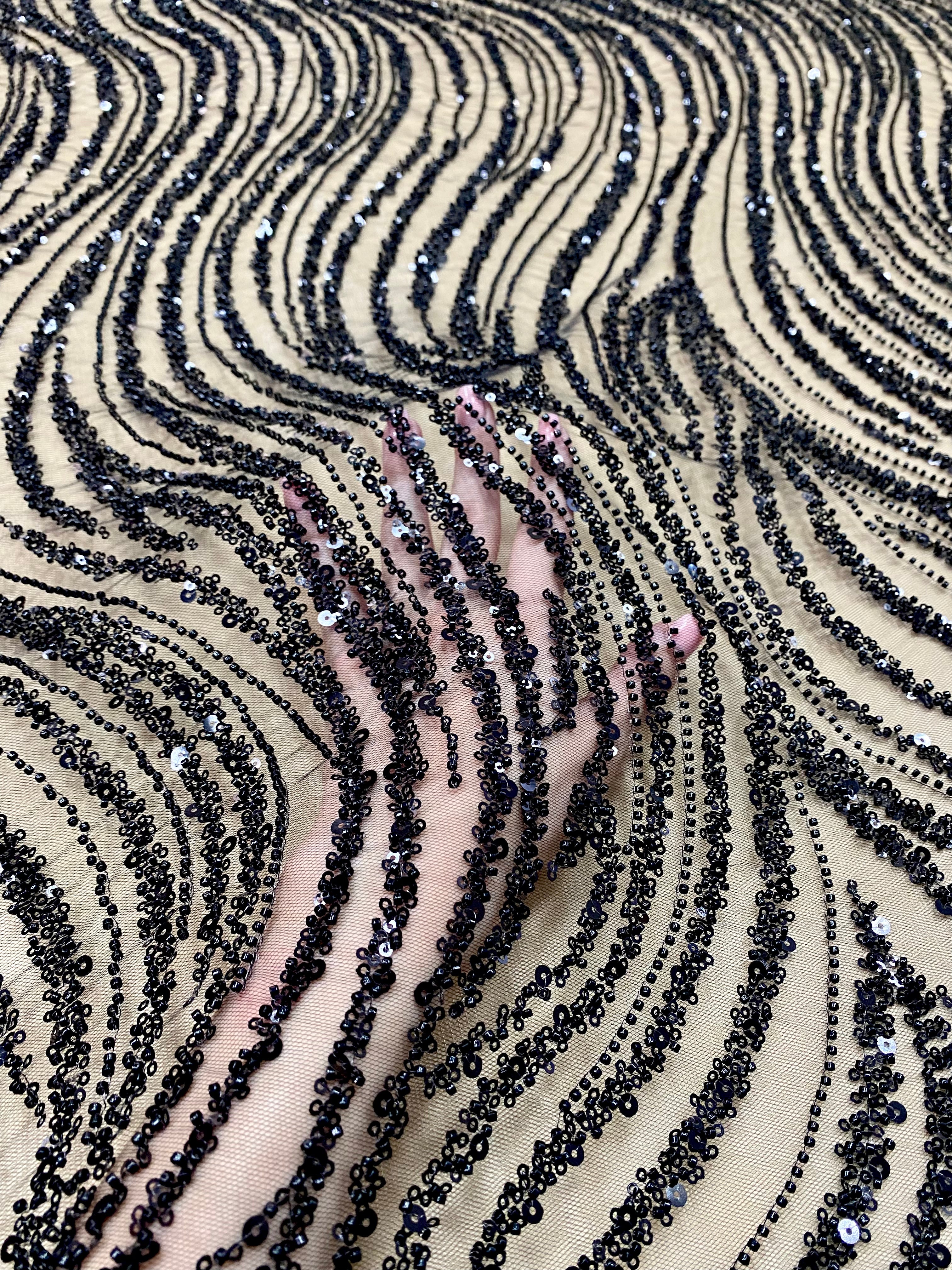 Silver Lace with Linear Pattern, with Pearls and Sequins