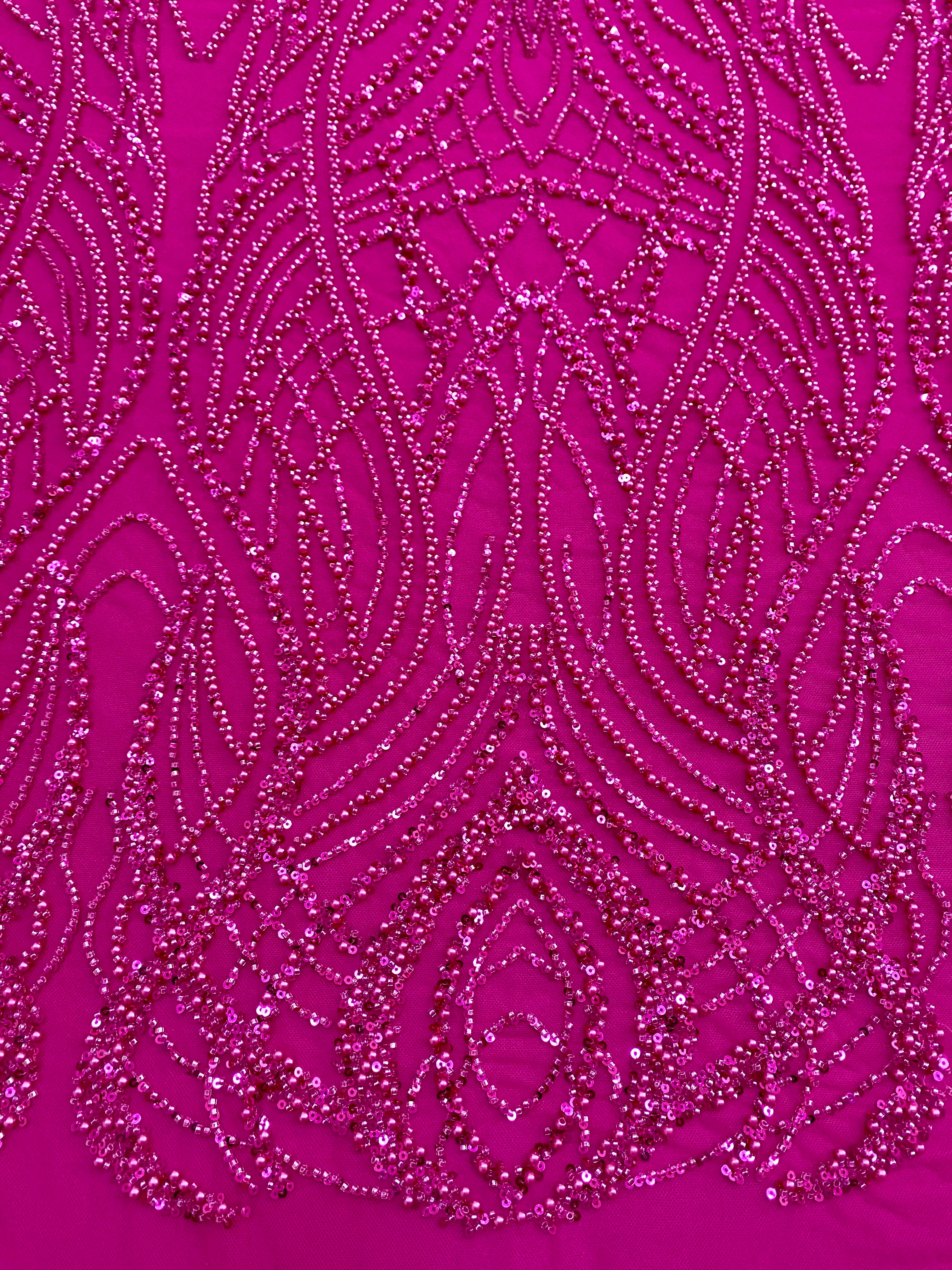 Dantela Couture Fucsia cu Perle, Margele si Paiete