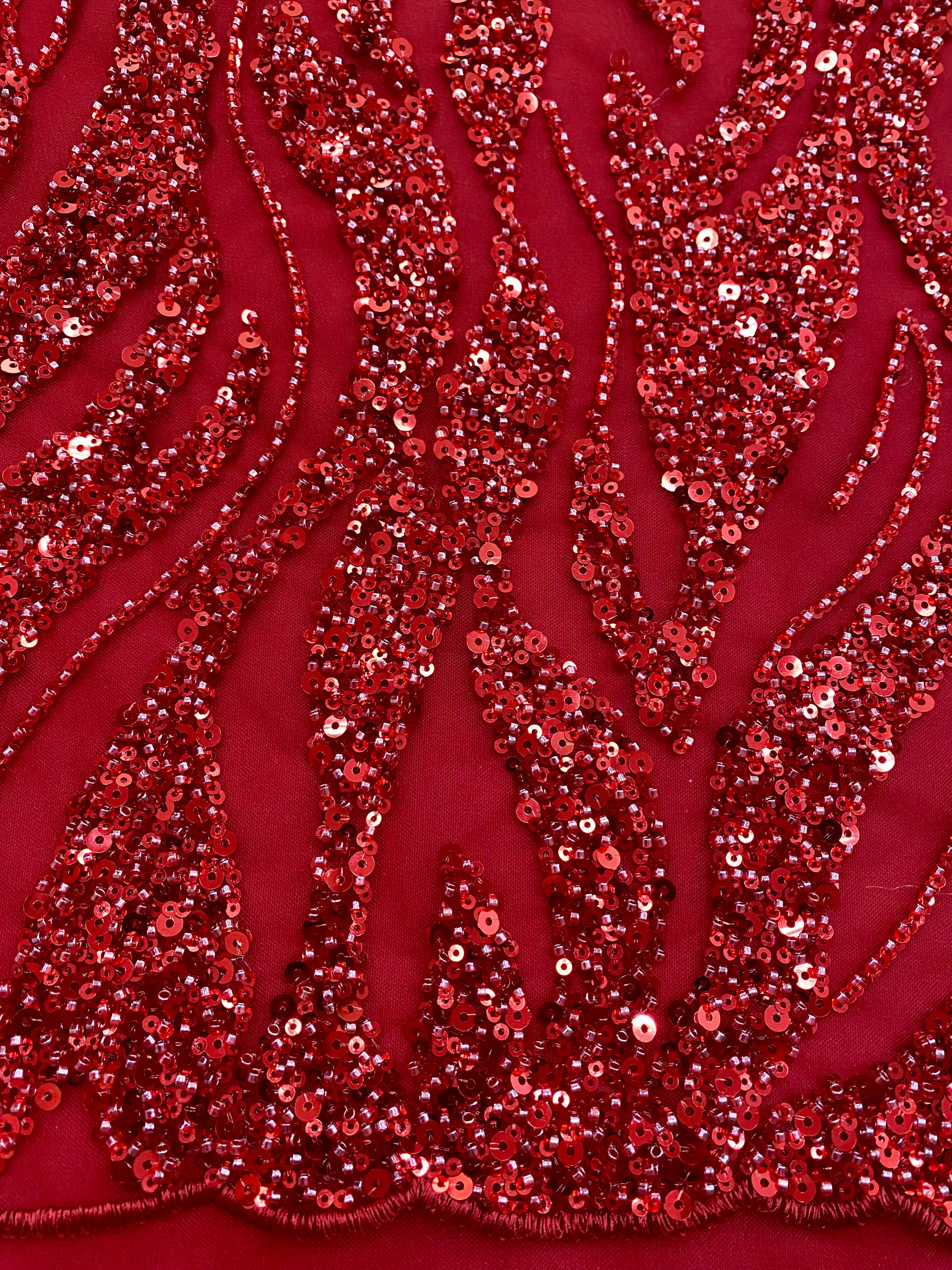 Red Couture Lace with Beads, Beads and Sequins