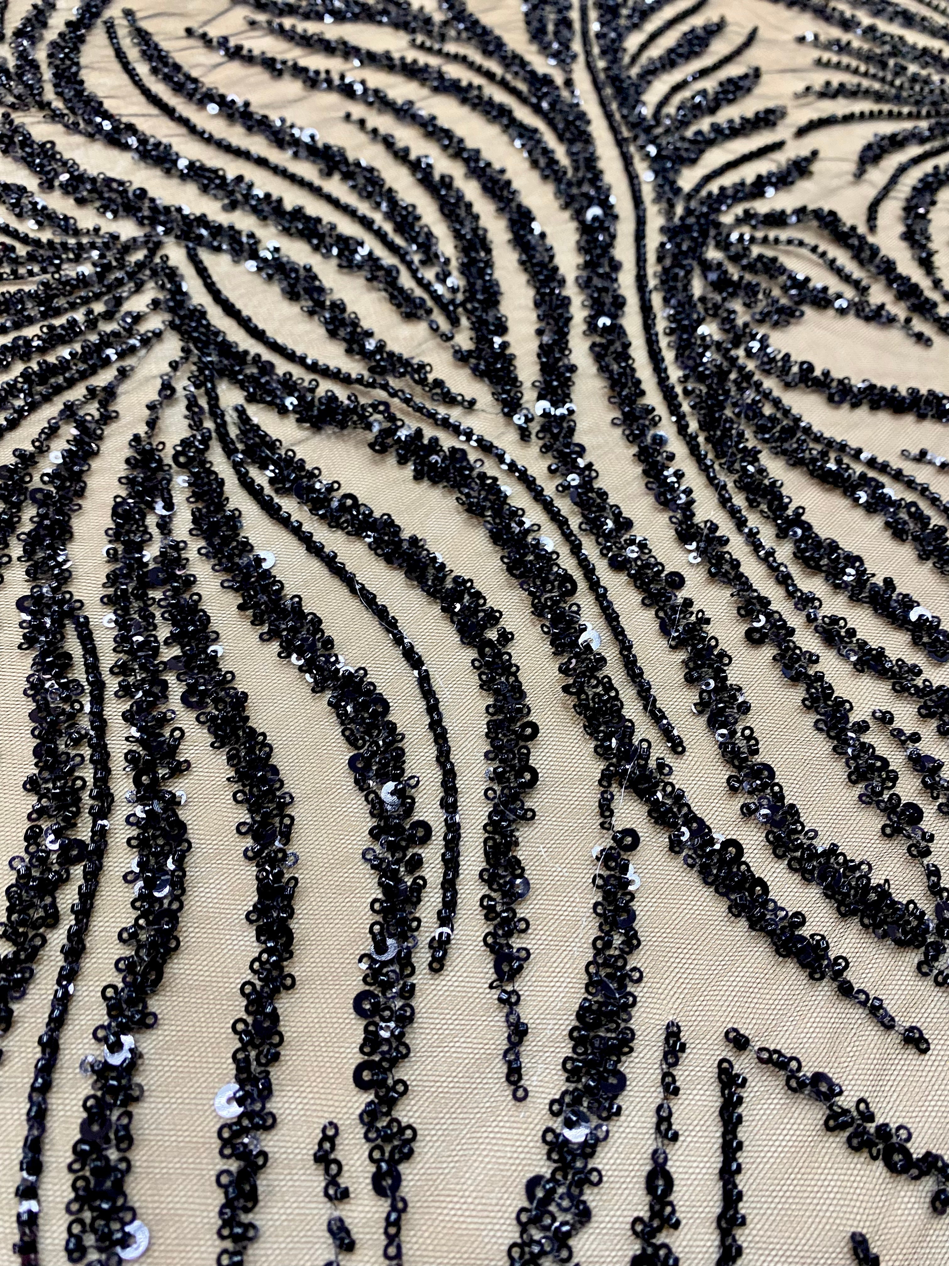Black Couture Lace with Strings, Beads and Sequins