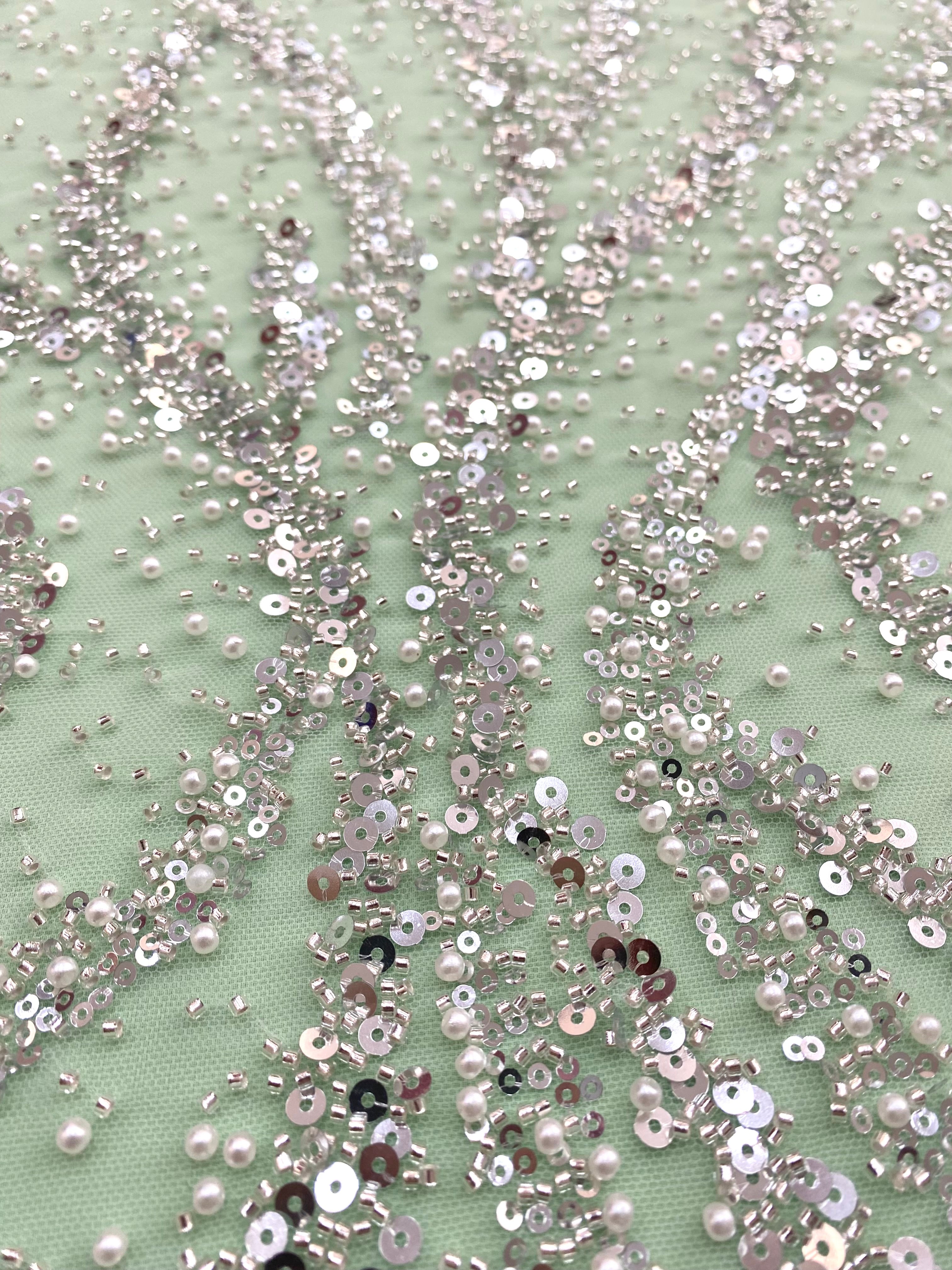 Silver Couture Lace on Mint Green Tulle with Pearls, Beads and Sequins