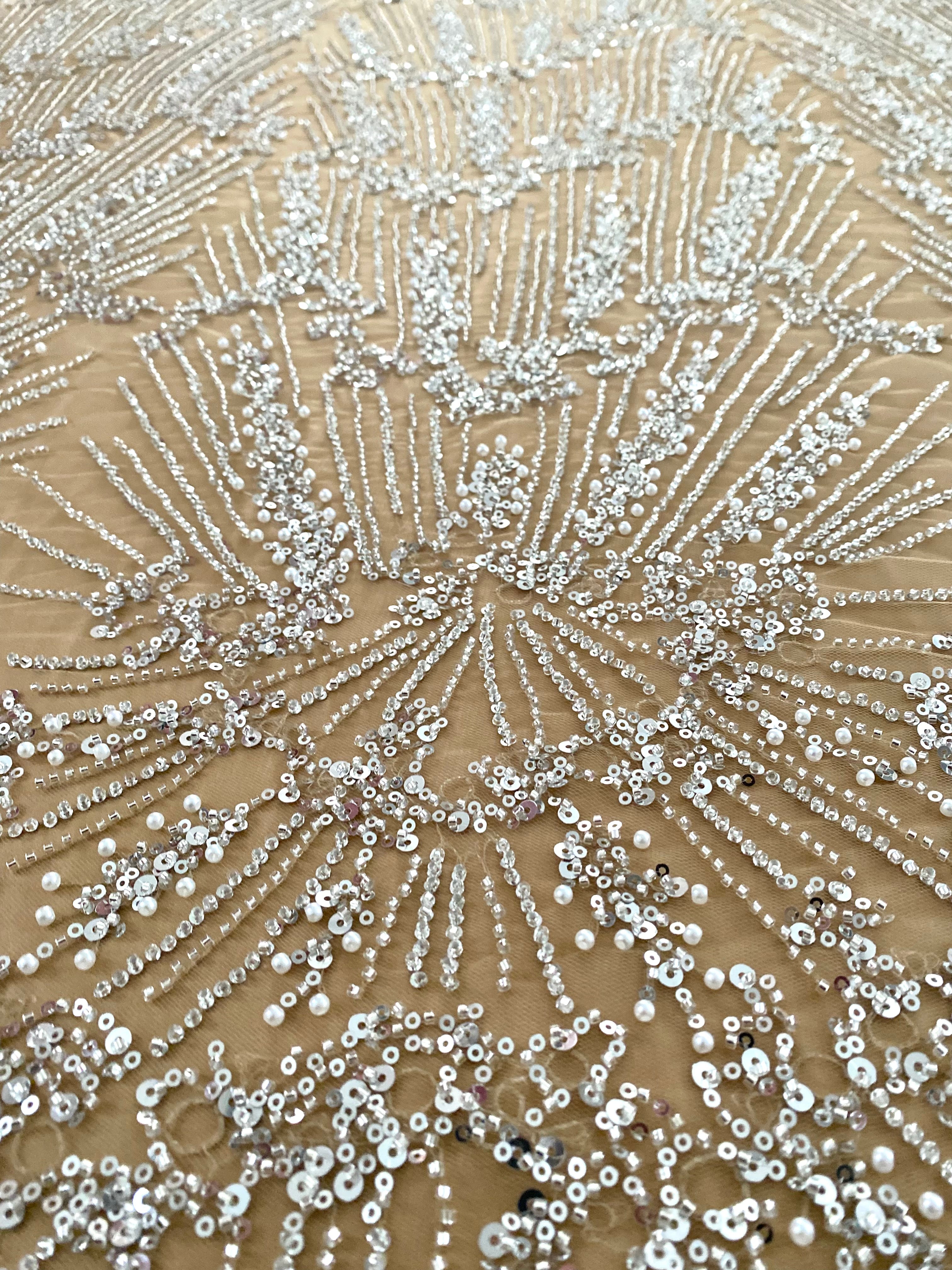 0.9m Voucher of Silver Couture Lace on Champagne Tulle, with Symmetrical Pattern, with Beads and Sequins 