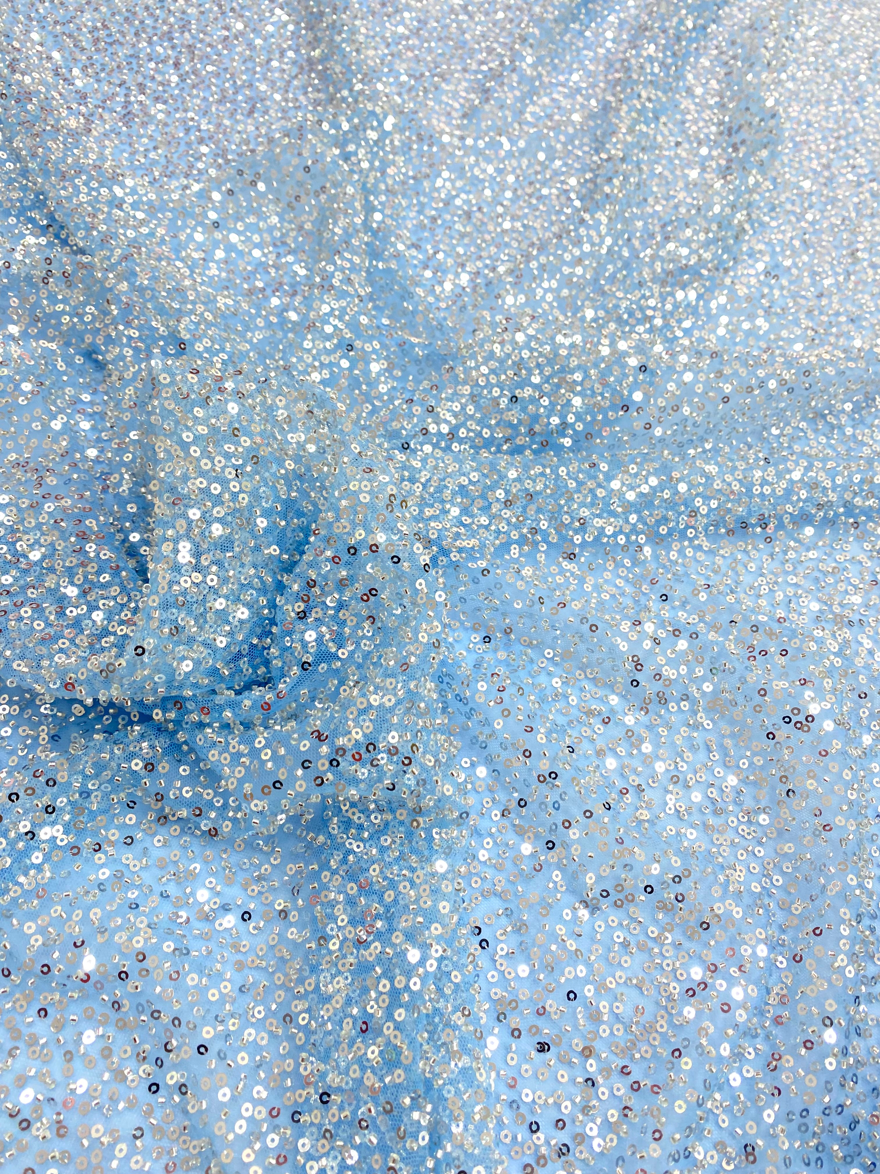 Silver Couture Lace on Blue Tulle, with Symmetrical Pattern, with Beads and Sequins 
