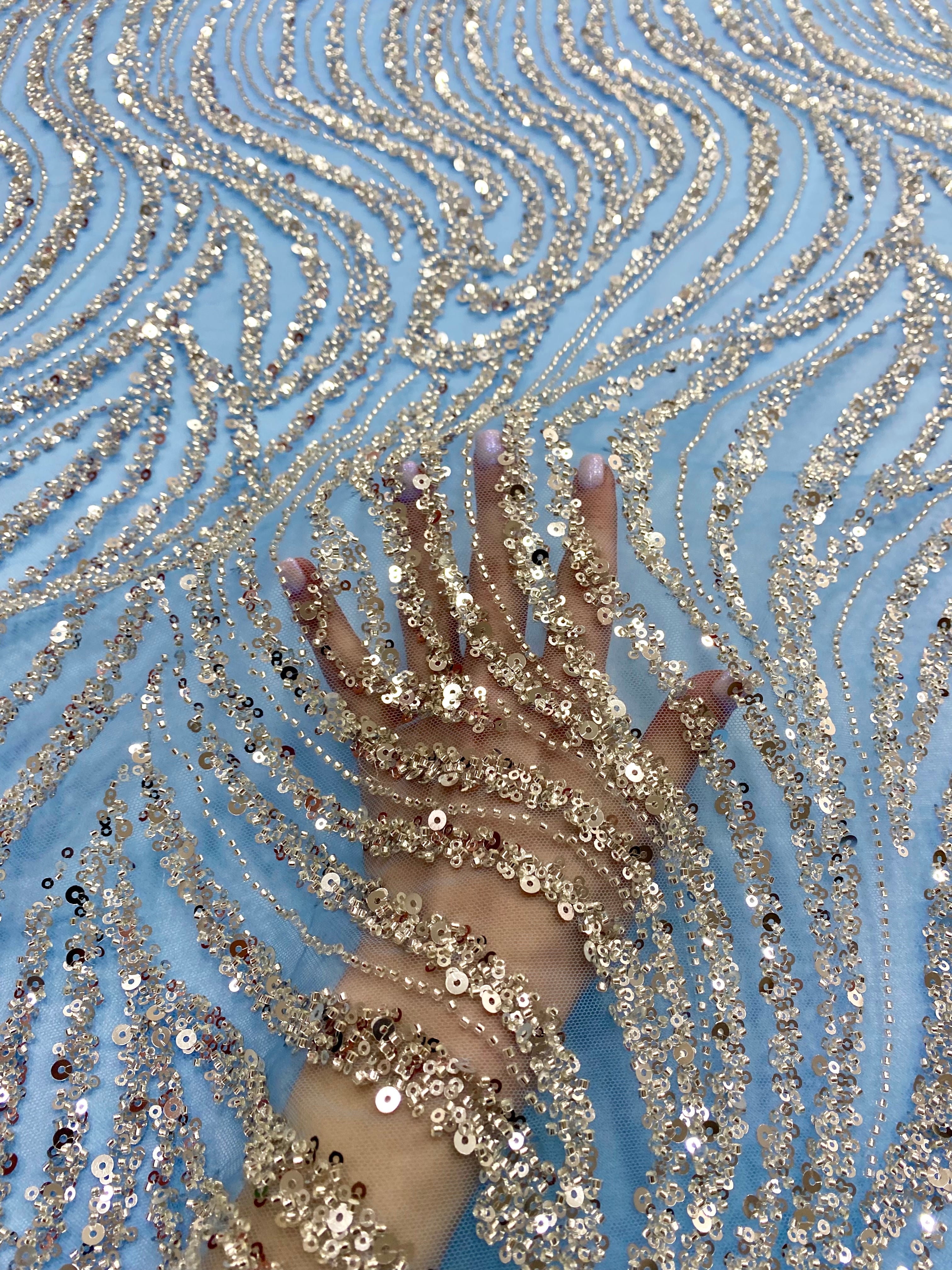 Silver Lace with Linear Pattern, with Pearls and Sequins