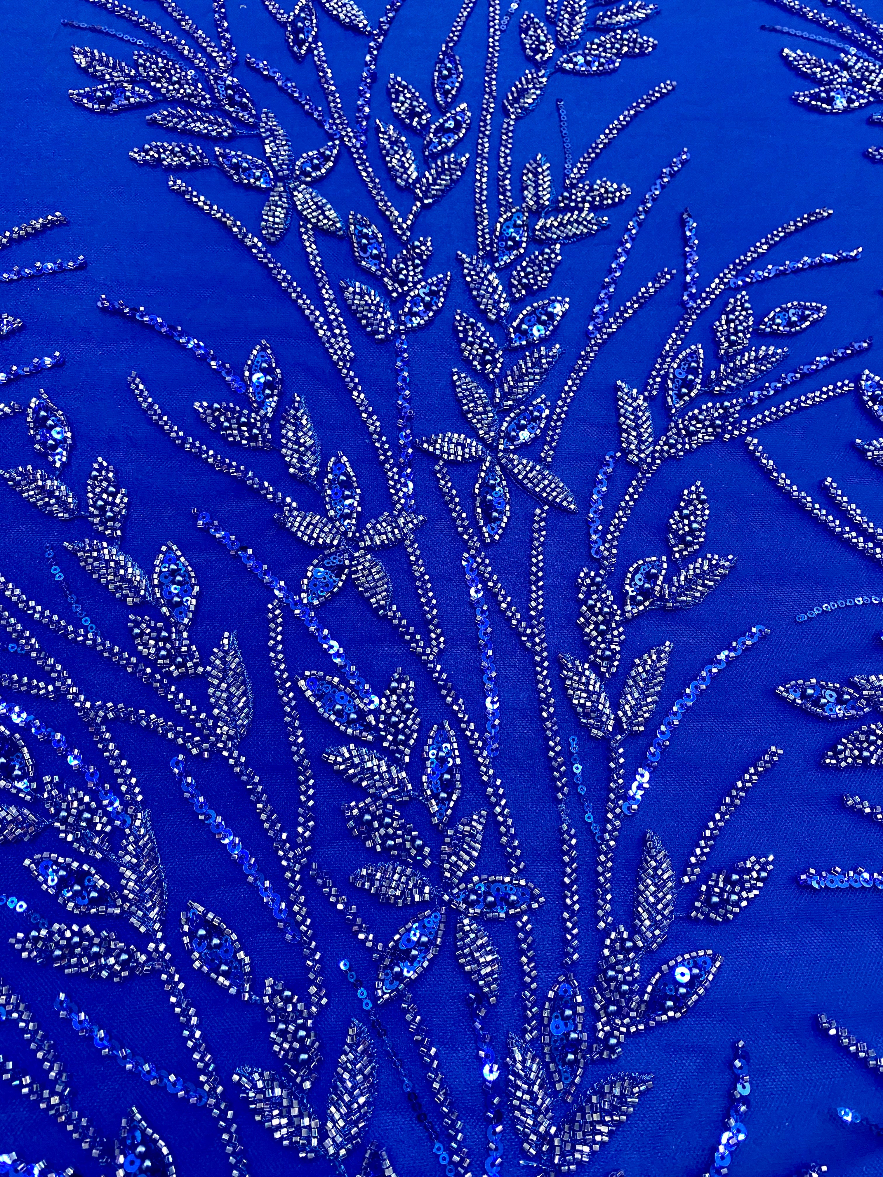 Royal Blue Couture Lace with Floral Pattern, Pearls, Beads and Sequins 